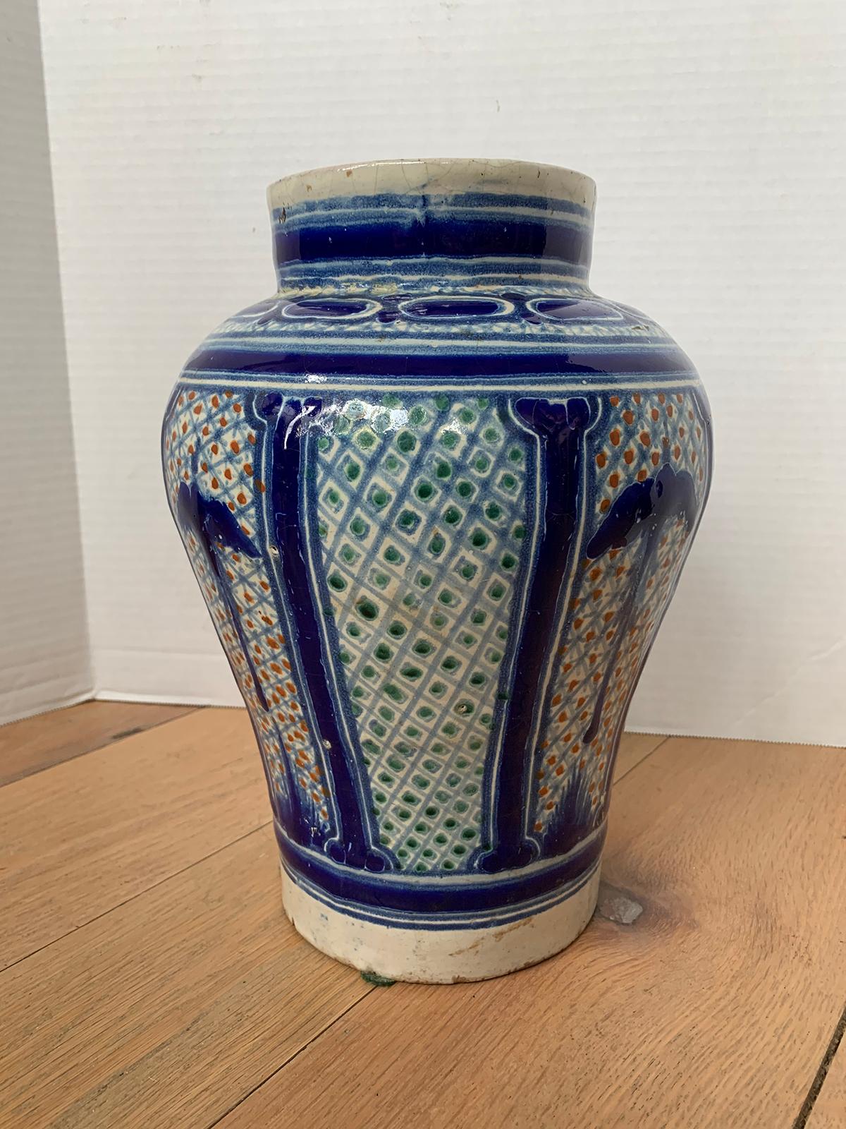 18th-19th Century Hispano-Moresque Ware Polychrome Pottery Vase, Marked 2