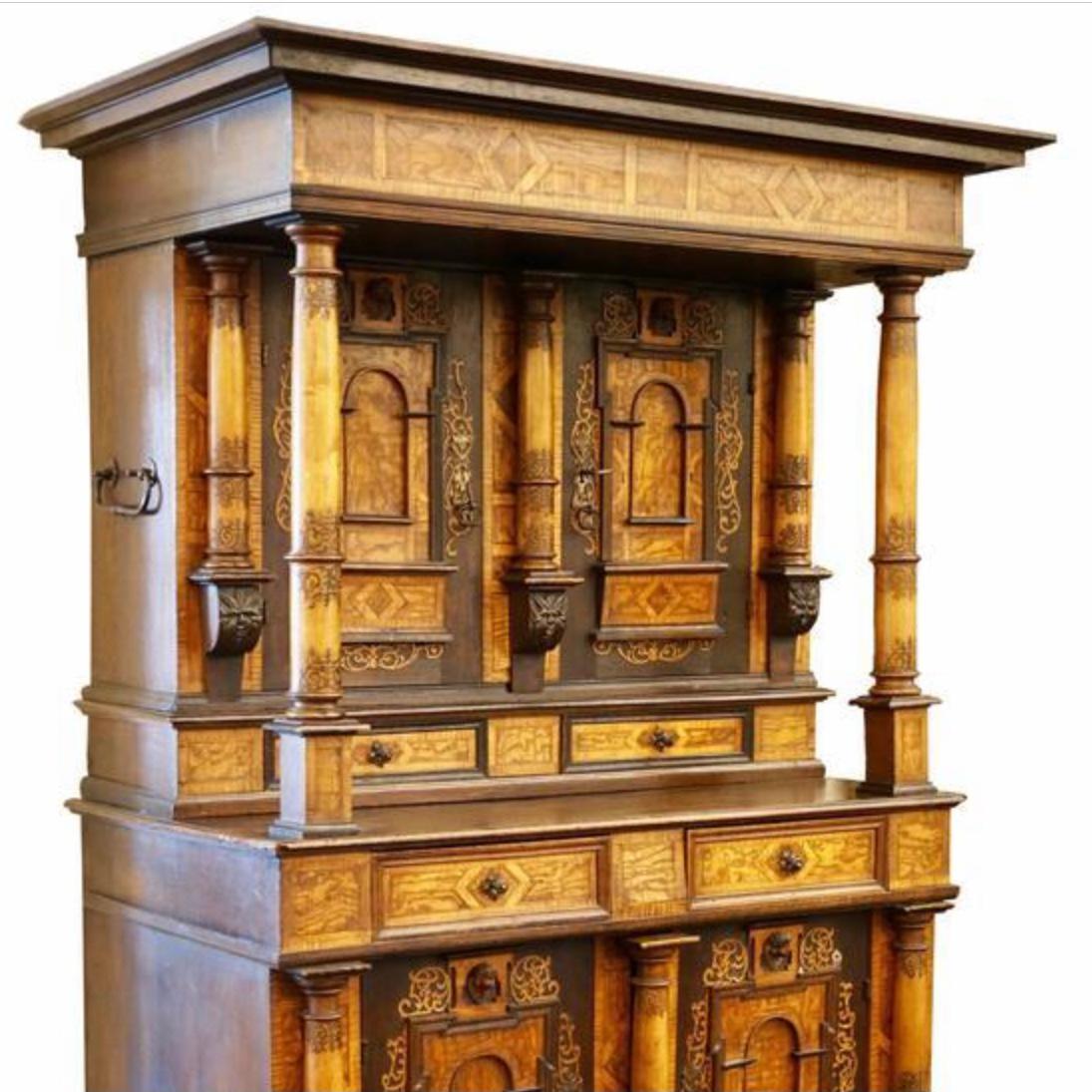 Hand-Crafted 18th Century Inlaid Alsatian Deux Corps Sideboard Armoire, Louis XIV