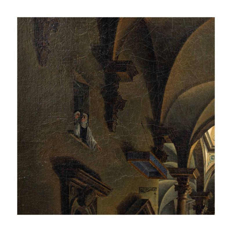 Italian 18th-19th Century Interior of the Church Painting Oil on Canvas