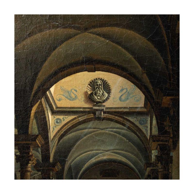 Oiled 18th-19th Century Interior of the Church Painting Oil on Canvas