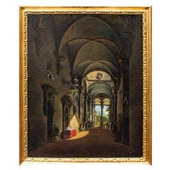 Antique 18th-19th Century Interior of the Church Painting Oil on Canvas