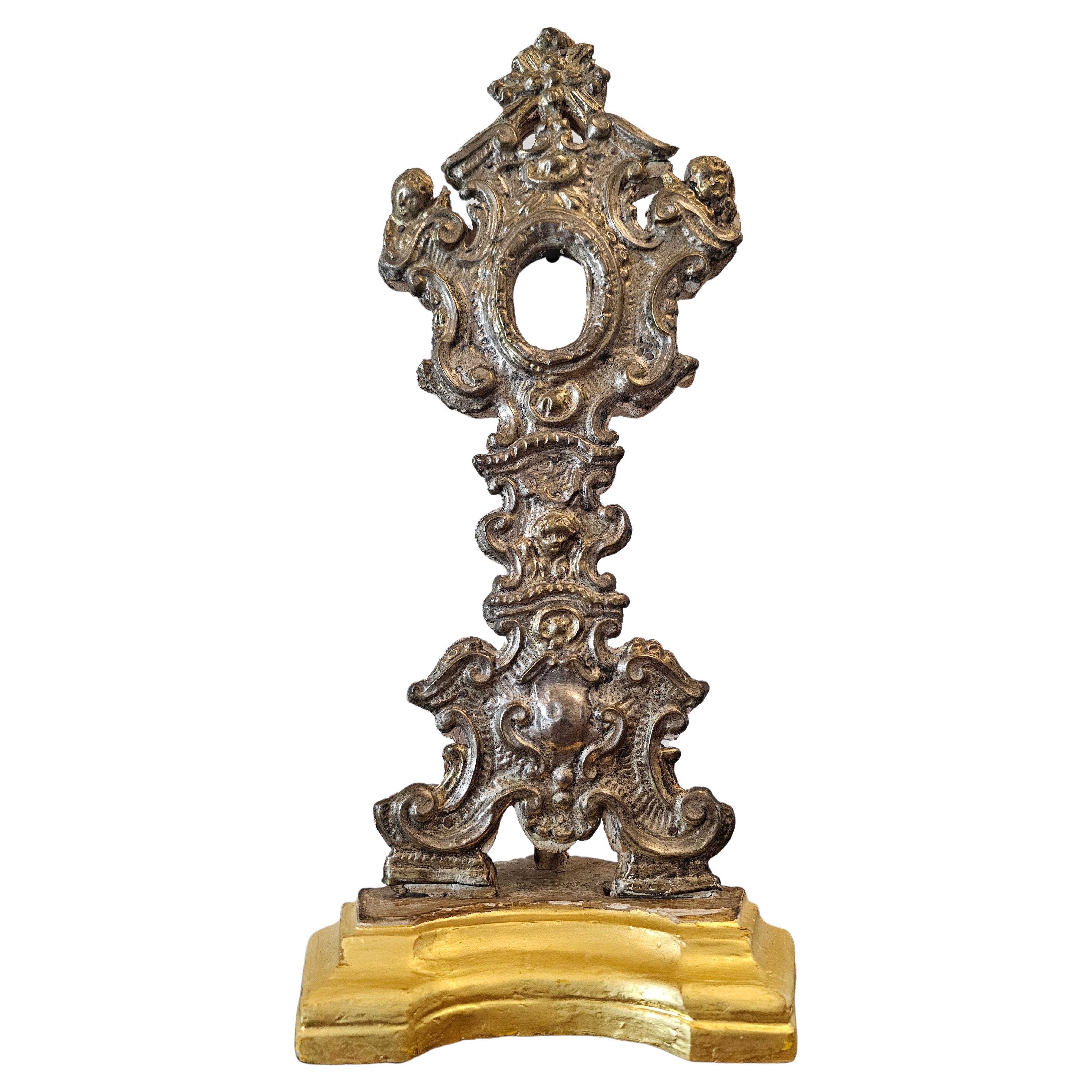 Reliquaire d'autel baroque italien d'autel Monstrance en métal argenté du 18e/19e siècle 