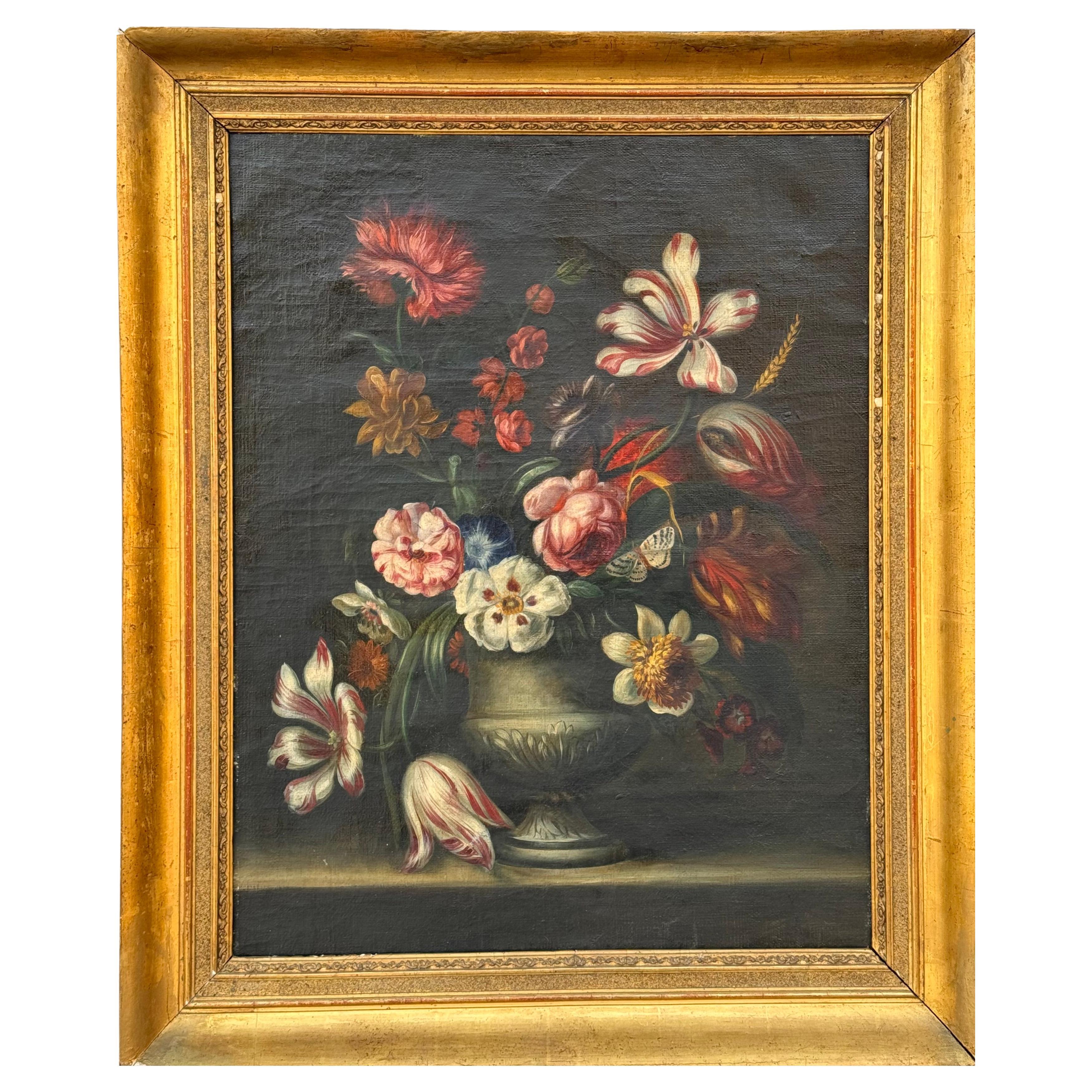 Bodegón Floral Italiano Siglo XVIII / XIX, Óleo Sobre Lienzo