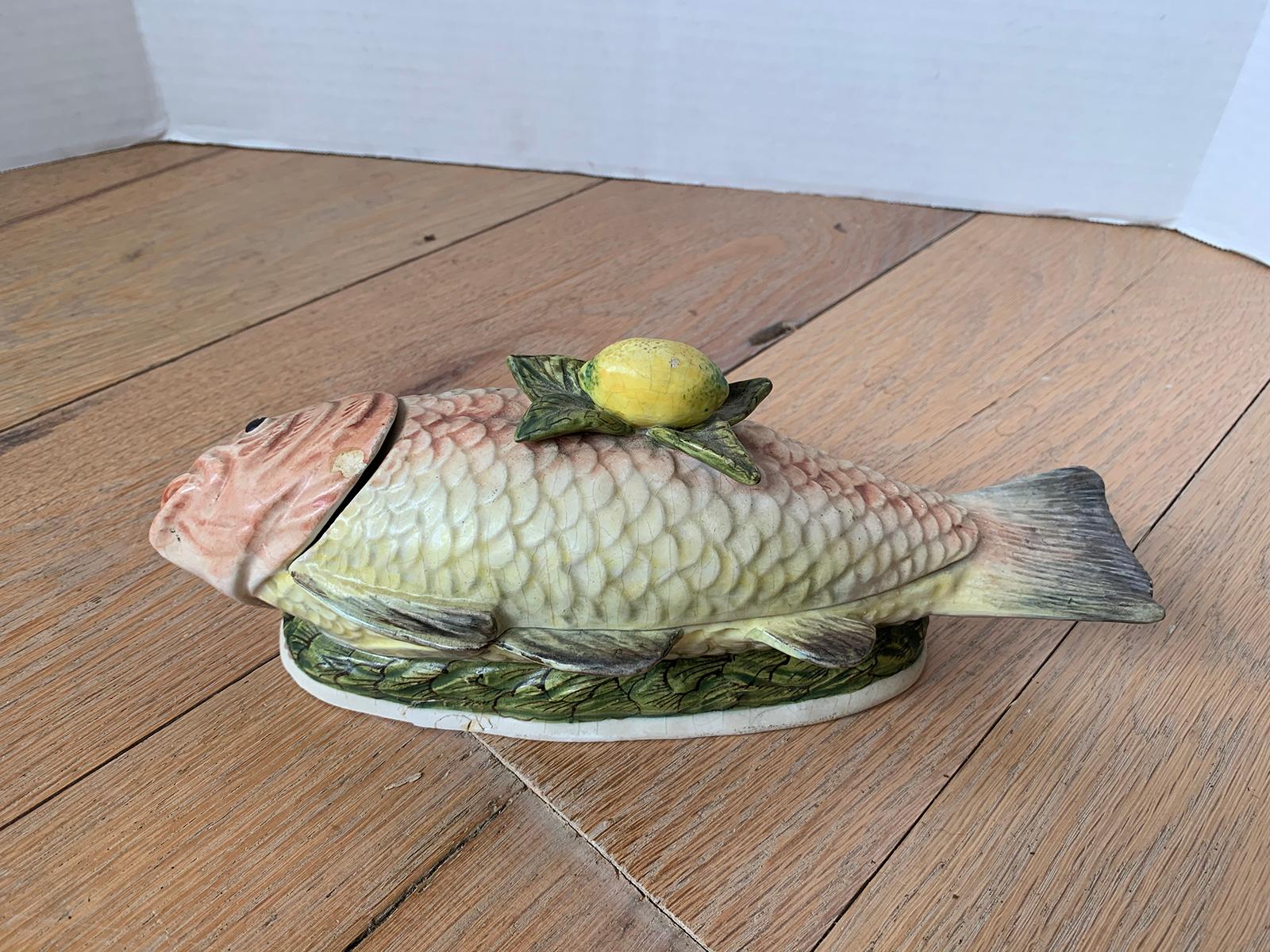 Hand-Painted 18th-19th Century Italian Hand Painted Lidded Porcelain Fish from David Byers