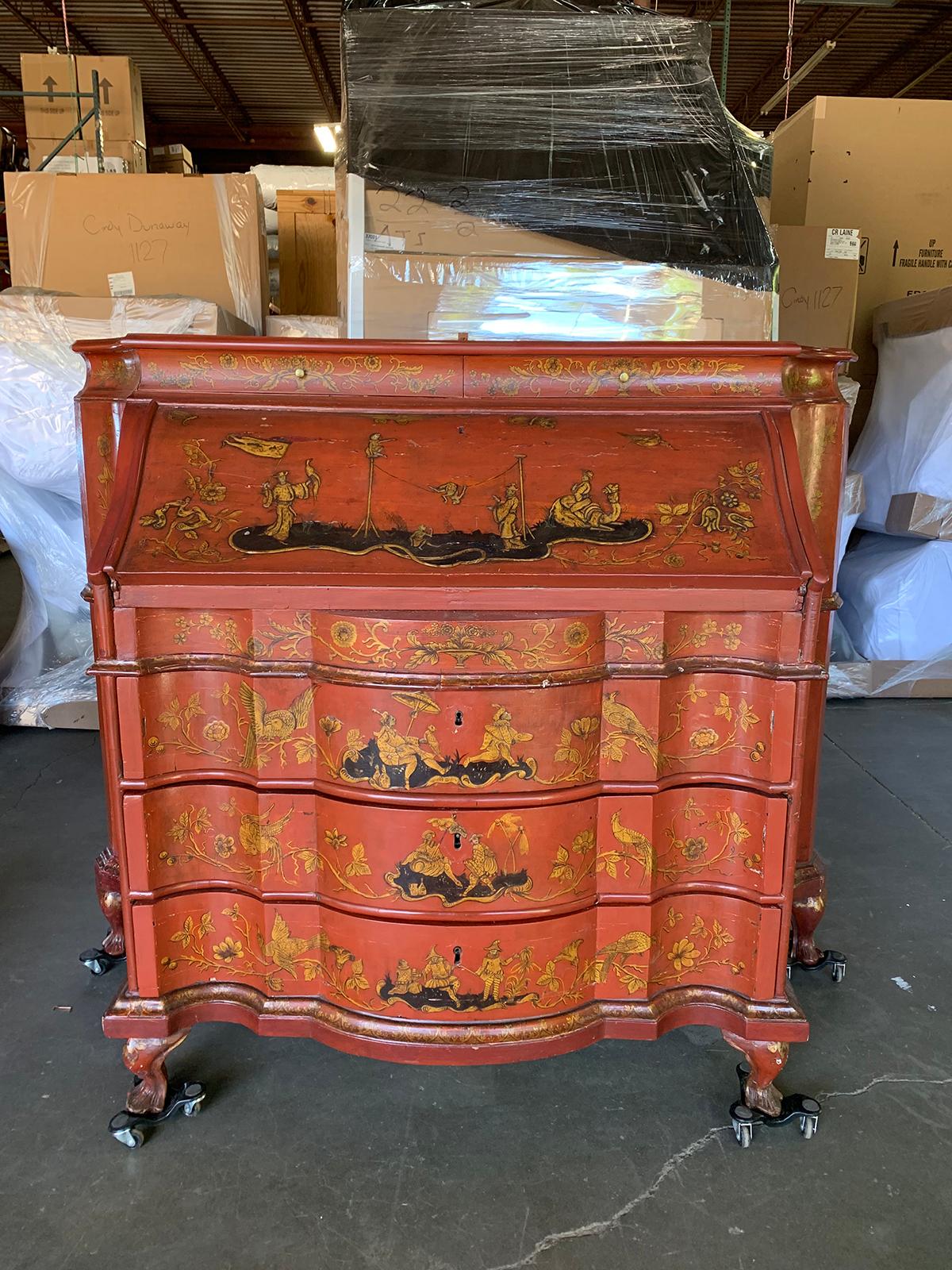 Hand-Painted 18th-19th Century Italian Red Chinoiserie Secretary For Sale