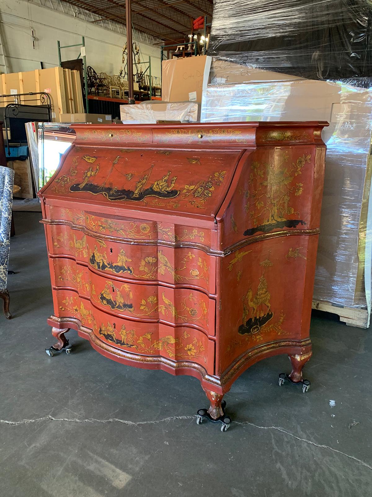 Wood 18th-19th Century Italian Red Chinoiserie Secretary For Sale