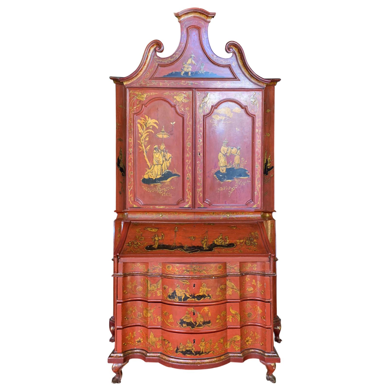 18th-19th Century Italian Red Chinoiserie Secretary For Sale