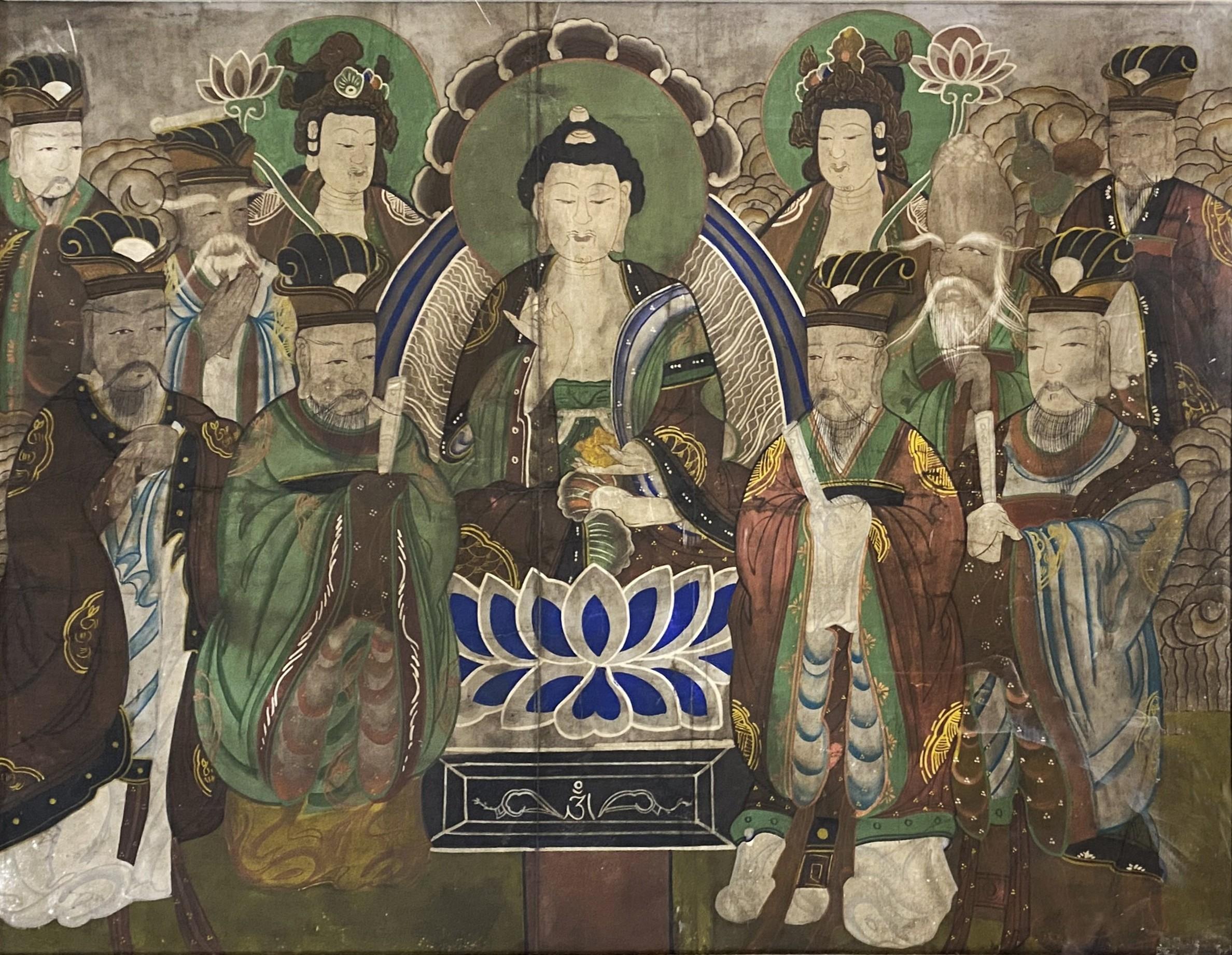 Une belle peinture sur rouleau bouddhiste coréenne T'aenghwa, semblable aux peintures tibétaines Thangka. Le nom coréen taenghwa est très proche du mot tibétain thangka et la période de popularité des peintures de bannières dans les deux pays a