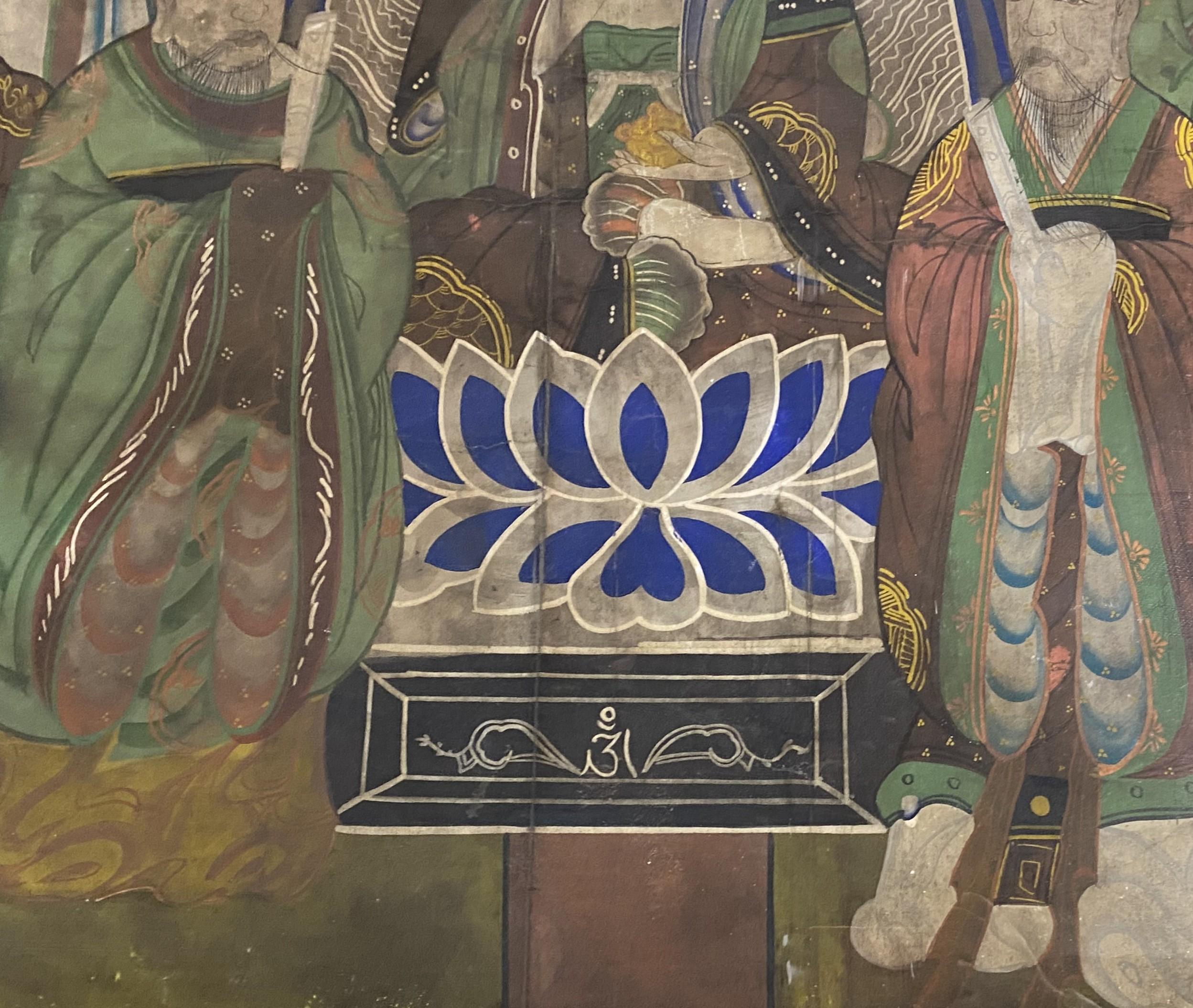 Toile 18e/19e siècle  Rouleau ou bannière peint T'aenghwa bouddhiste coréen dans un cadre en vente