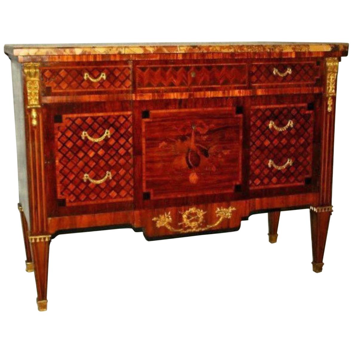 18th-19th Century Louis XVI Marquestry and Parquestry Marble-Top Commode For Sale
