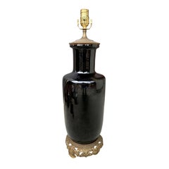 18th-19th Century Mirror Black Porcelain Vase as Lamp with Brass Base 