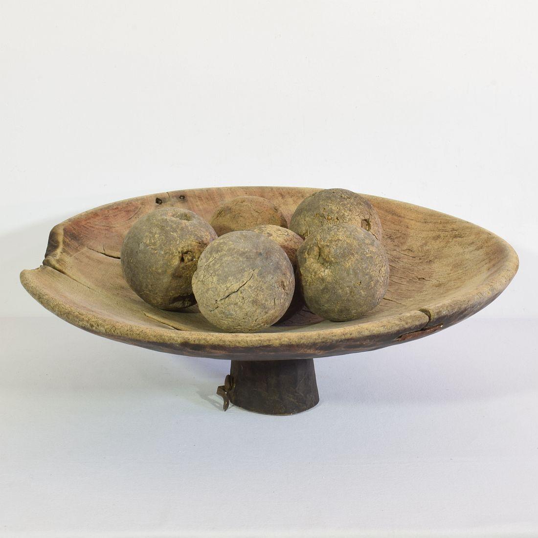 Beautiful weathered wooden Moroccan couscous/bread bowl. Highly decorative.
Morocco circa 1750-1850, weathered and small losses and old repairs.