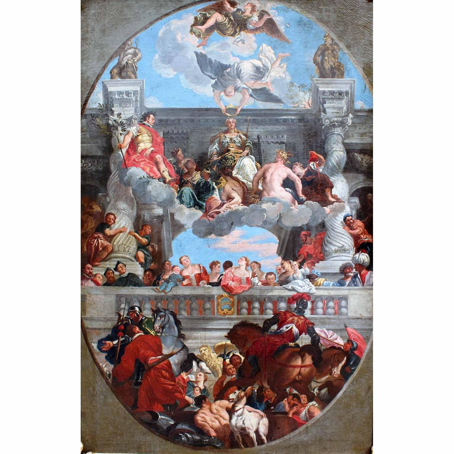 Très belle et grande huile sur toile italienne de forme ovale du 18ème et 19ème siècle intitulée 