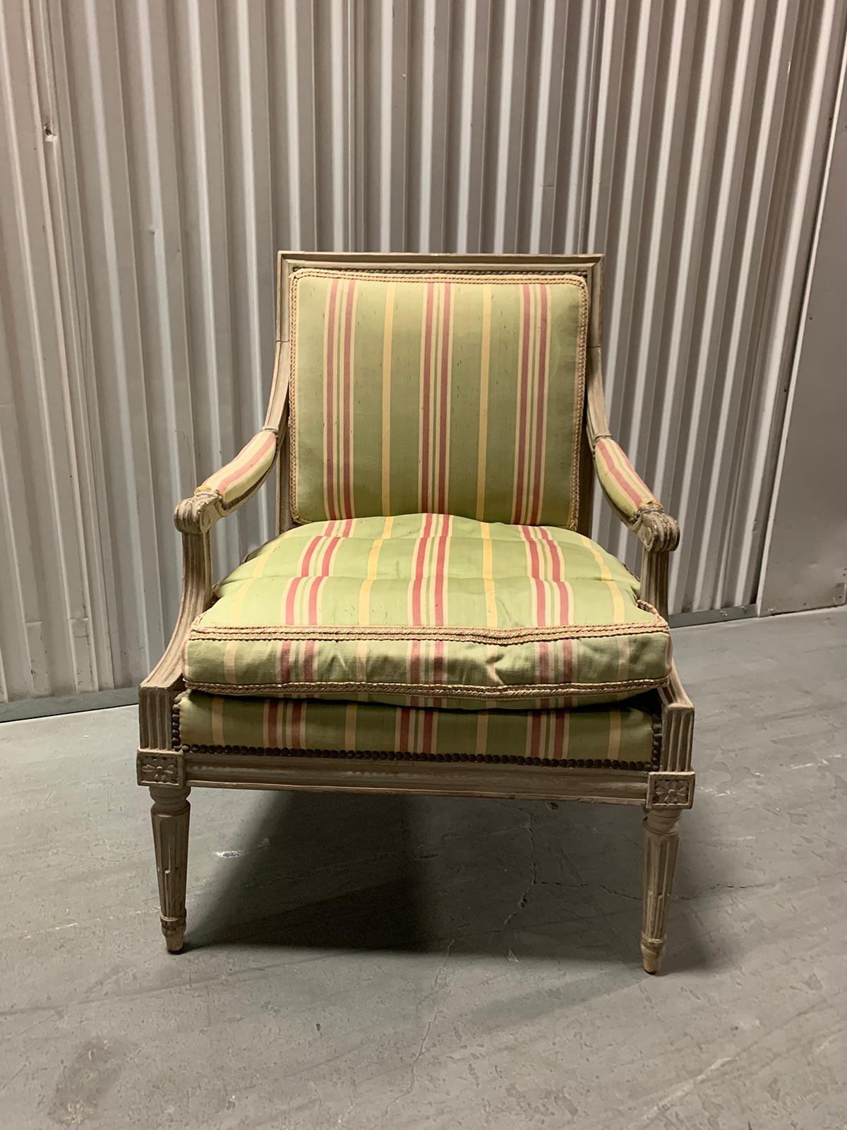 Carved 18th-19th Century Painted Louis XVI Style Armchair For Sale