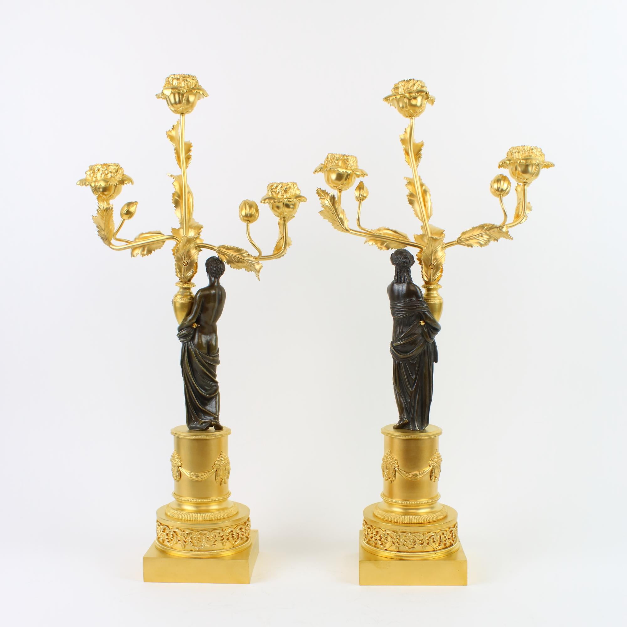 Neoclassical 18th/19th Century Pair of Russian Figural Gilt and Patinated Bronze Candelabra For Sale
