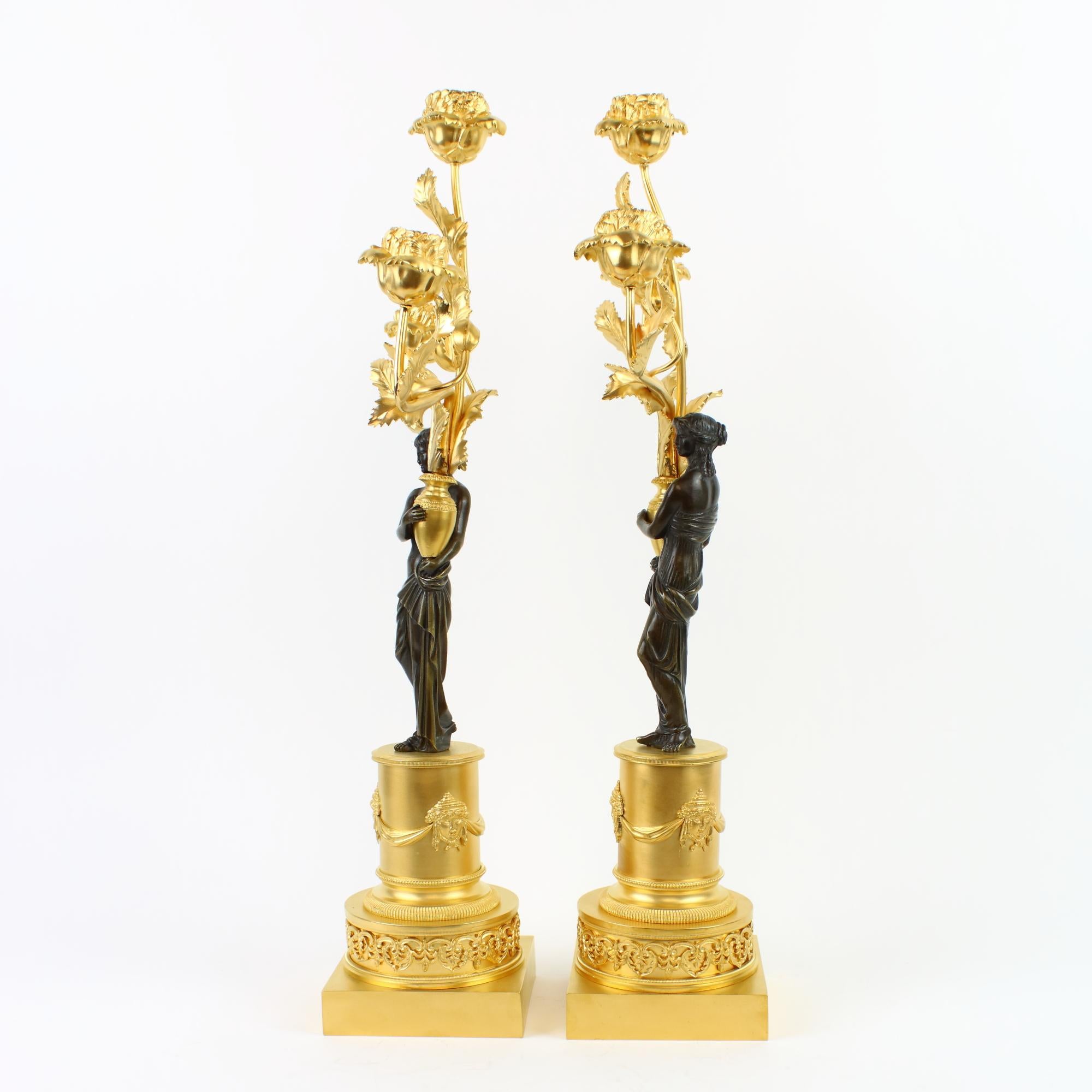 European 18th/19th Century Pair of Russian Figural Gilt and Patinated Bronze Candelabra For Sale