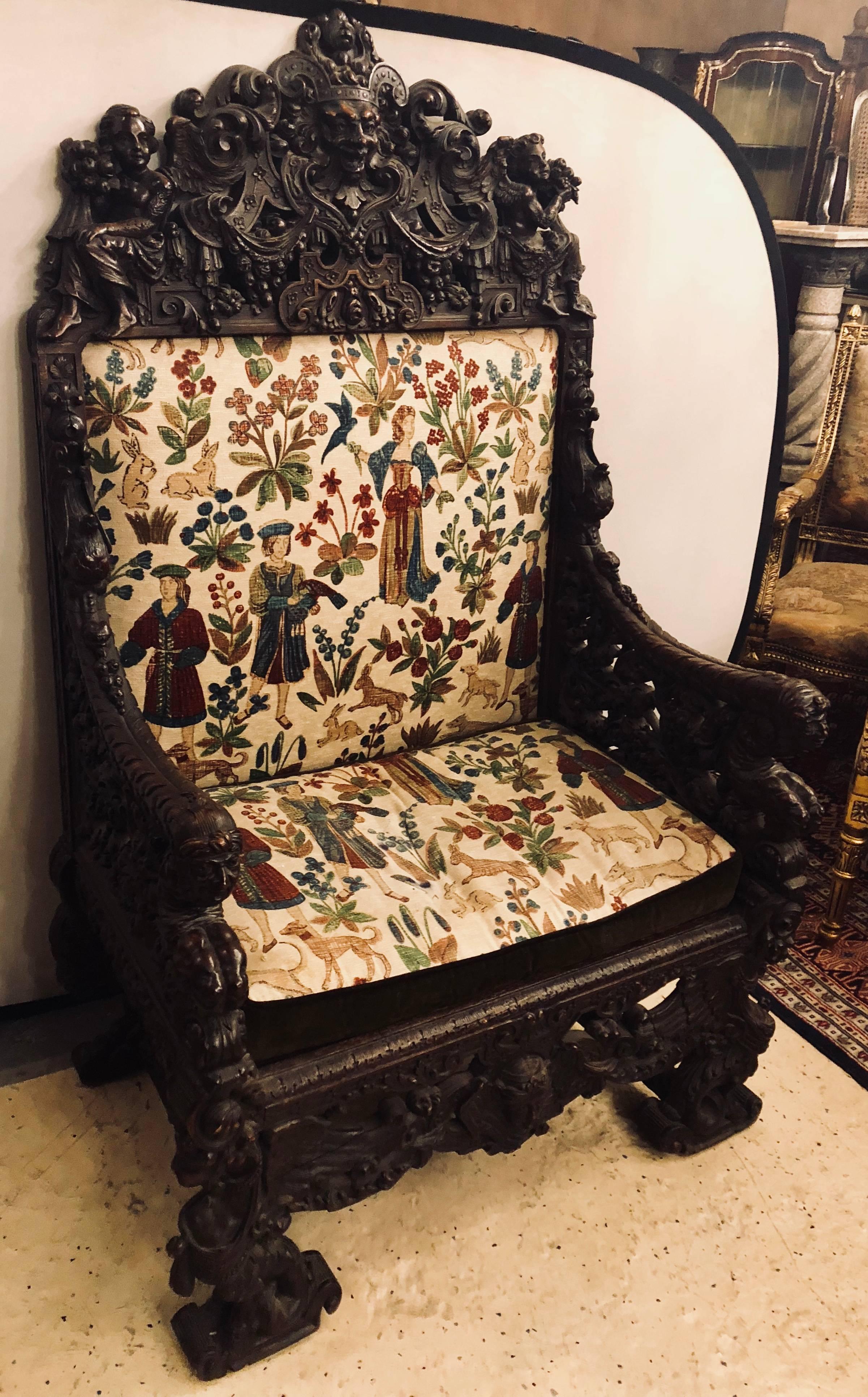 18th-19th century Palatial carved throne or armchair manner of Horner Brothers. This one of a kind carved throne chairs is certainly an item fit for a King or Queen. The finest of hand carved figures and decorations abound on this massive and