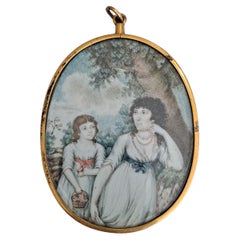 Miniature de portrait de mère et d'enfant du 18e-19e siècle
