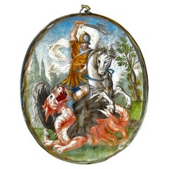 18. - 19. Jahrhundert Porträt Miniatur St. George und der Drache Gold gewebte Seide 
