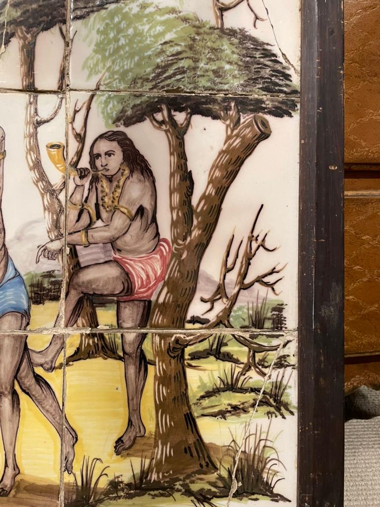 Hand-Painted 18th/19th Century Portuguese Tile Painting of Native Americans  For Sale