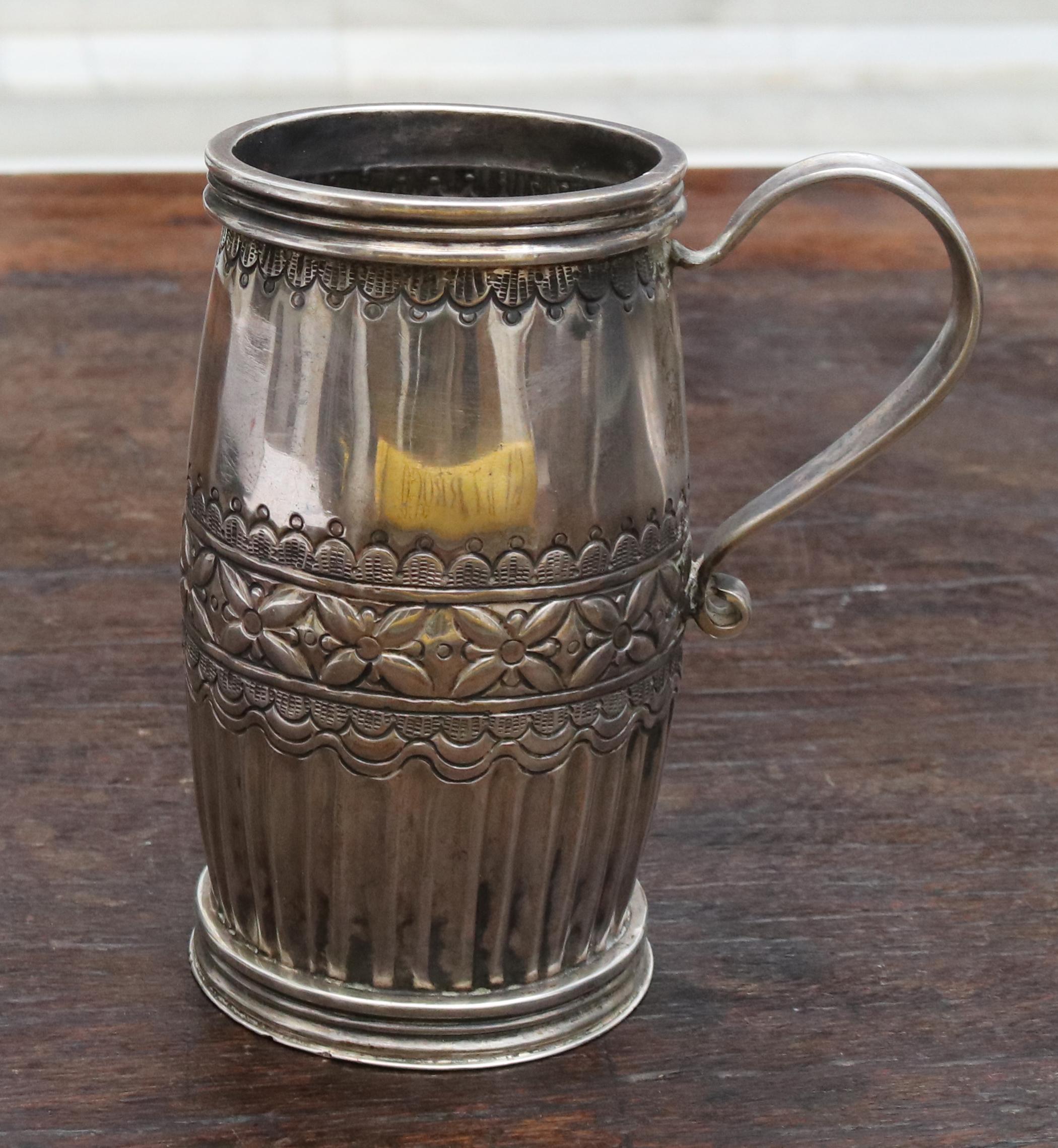18th-19th Century Possibly Bolivian Barrel Shaped Silver Cup with Handle 1