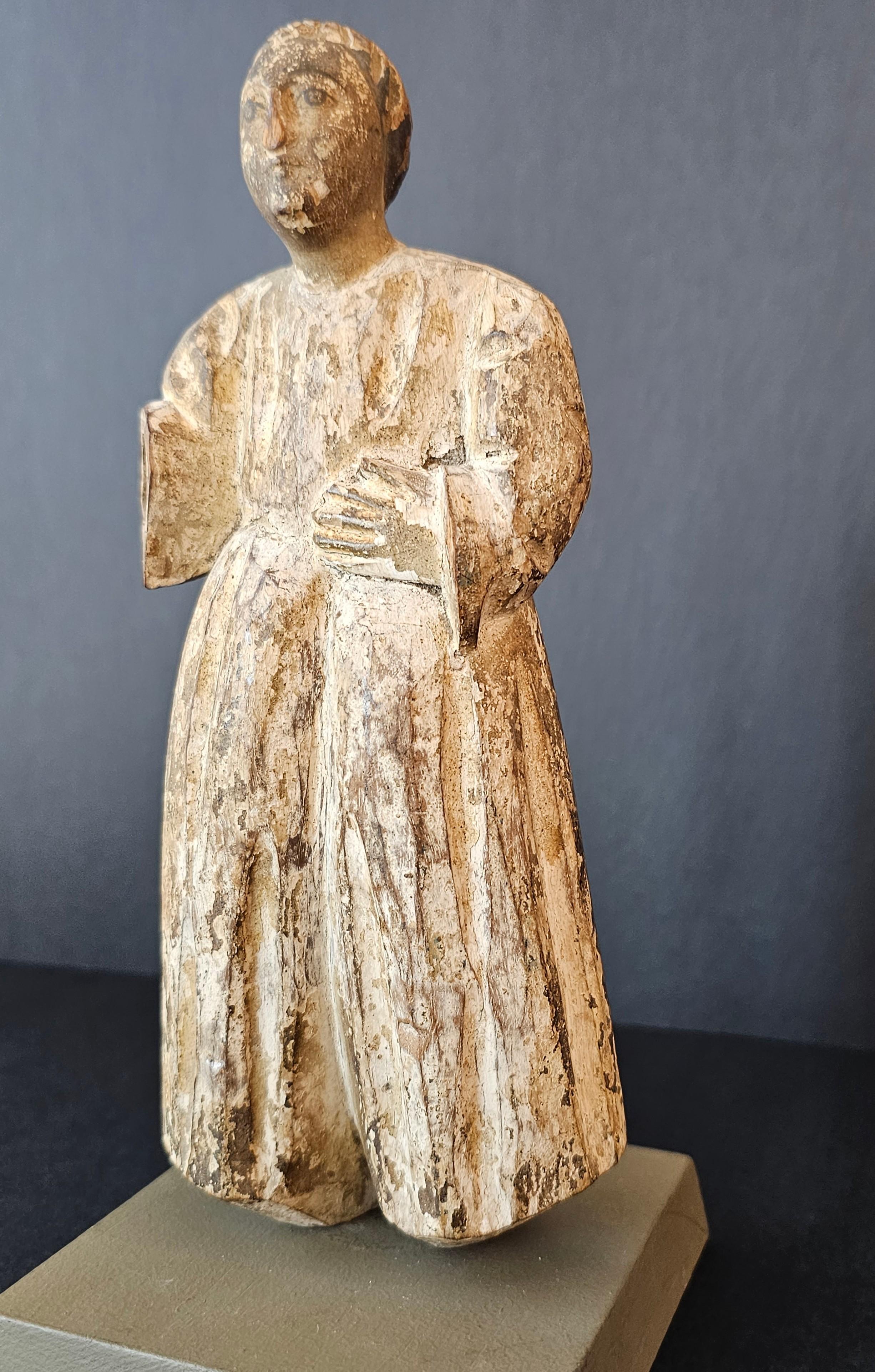 A lovely antique Spanish Colonial hand carved and painted wood santo altar figure - religious folk art sculpture. 

18th/19th century, possibly earlier, most likely depicting Saint Francis of Assisi, figural bulto carving, with finely detailed face,