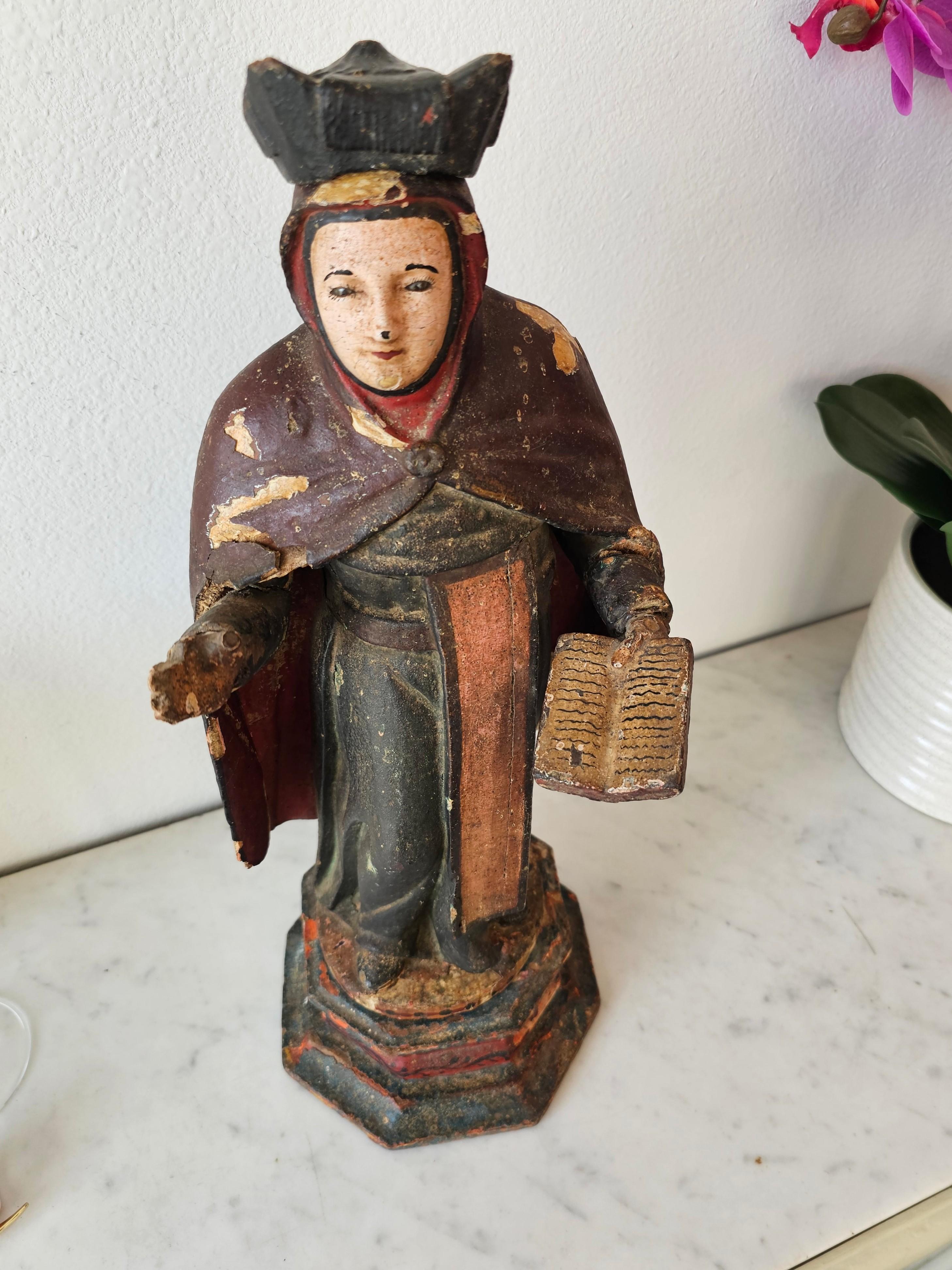 18th/19th Century Spanish Colonial Carved Polychrome Wood Santo Altar Sculpture For Sale 11