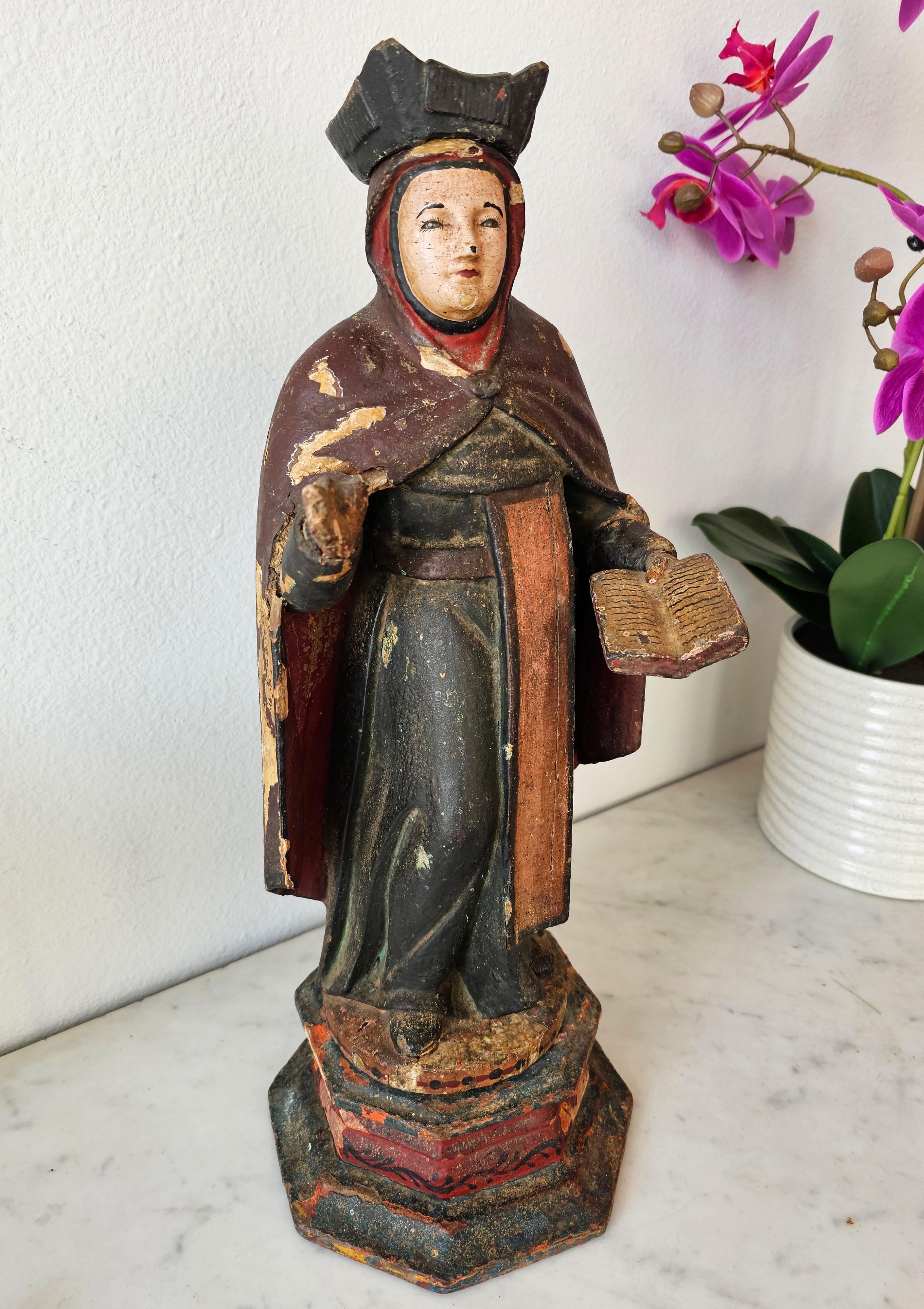 18th/19th Century Spanish Colonial Carved Polychrome Wood Santo Altar Sculpture For Sale 12