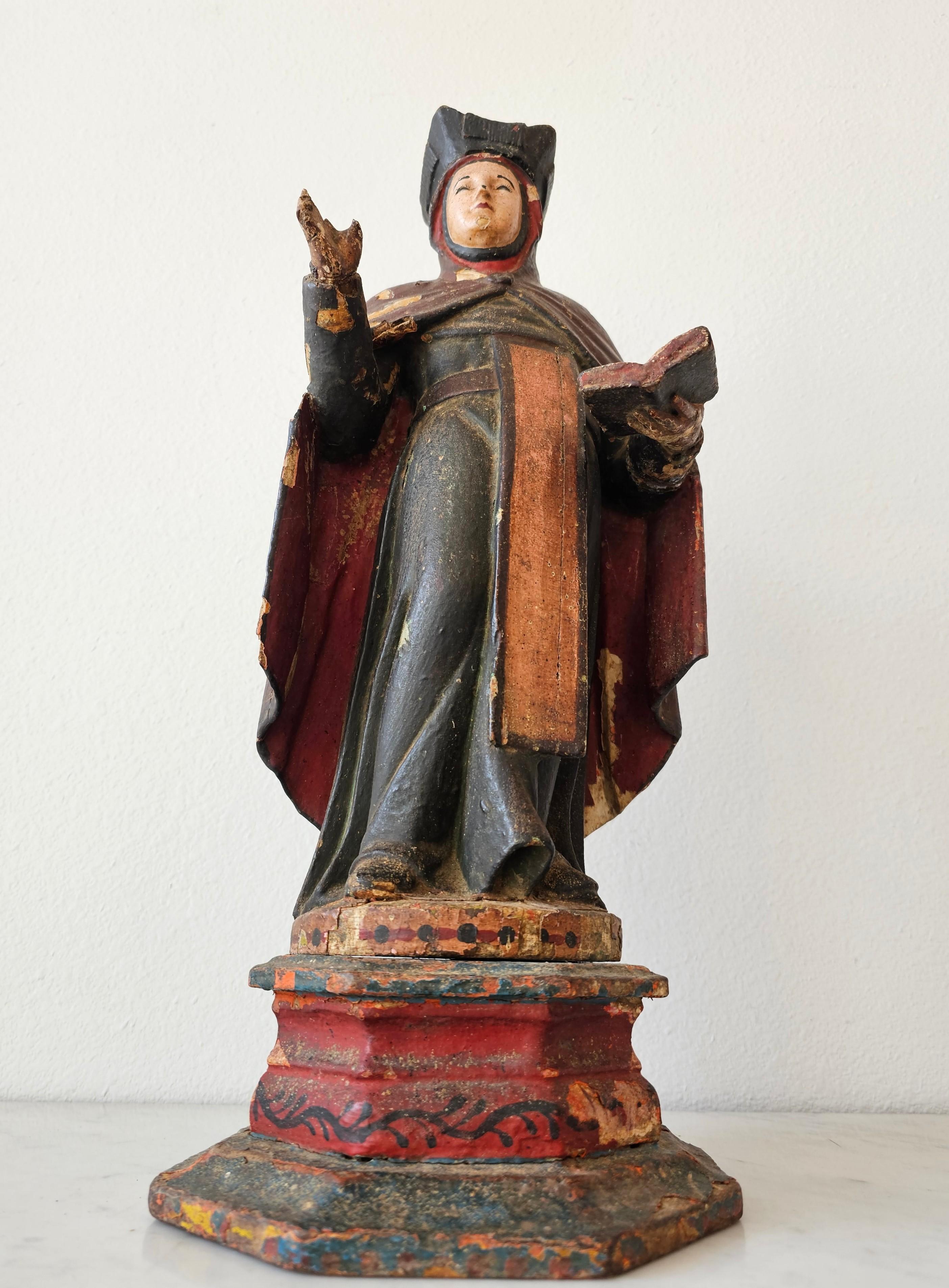 Gesso 18th/19th Century Spanish Colonial Carved Polychrome Wood Santo Altar Sculpture For Sale