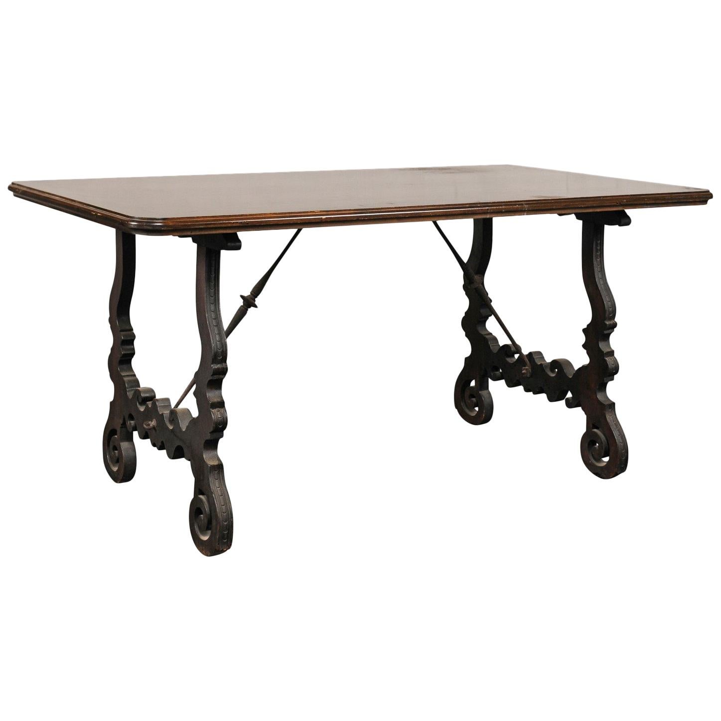 18th-19th Century Spanish Trestle Table with Iron Stretcher For Sale