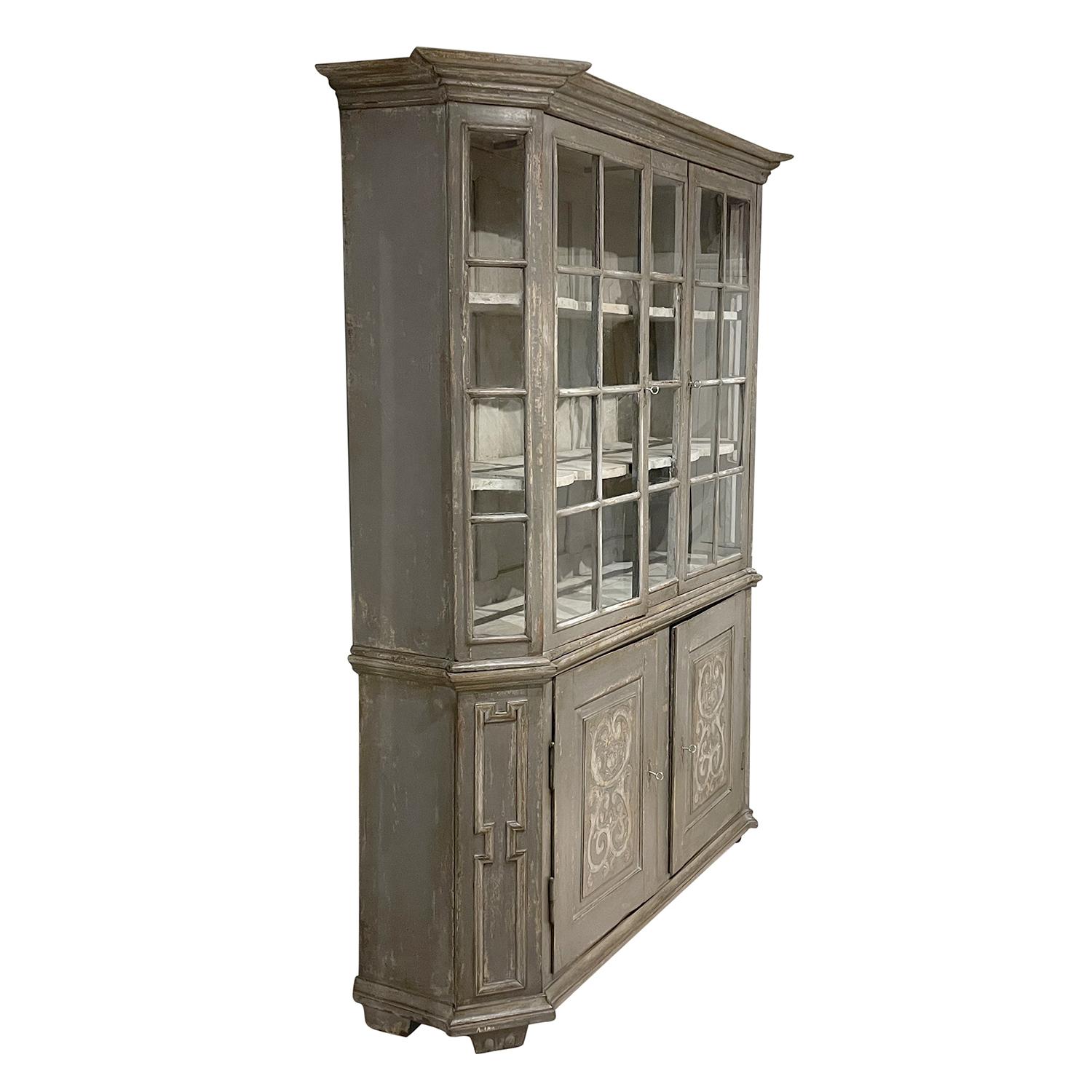 Hand-Carved 18th-19th Century Swedish Baroque Pinewood, Glass Bookcase, Antique Showcase For Sale
