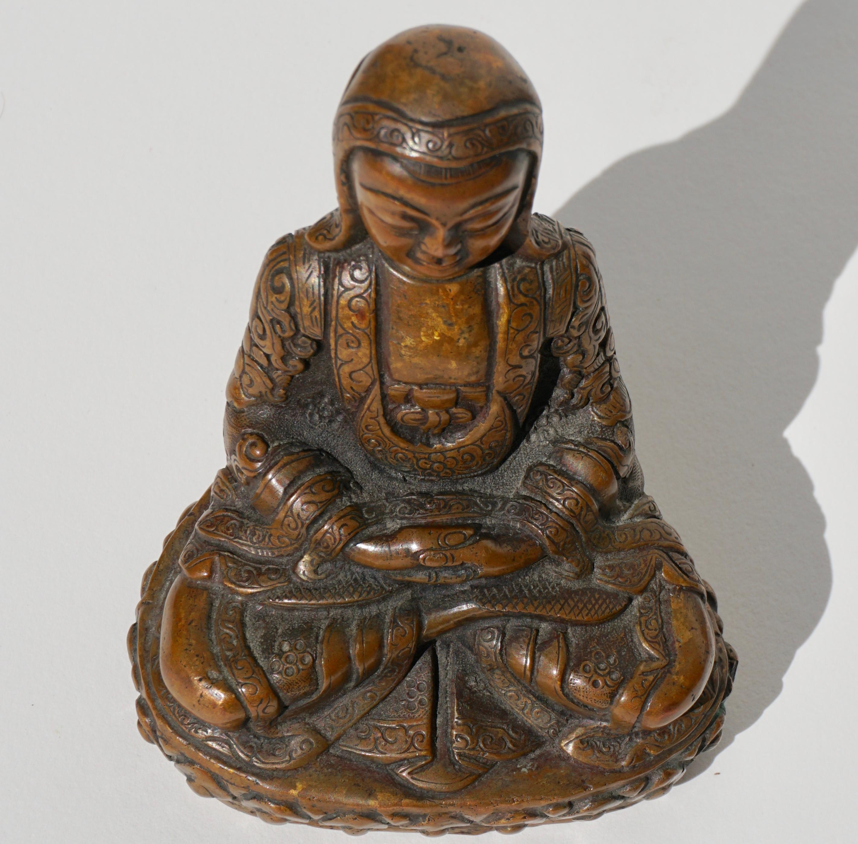Cast 18th- 19th Century Tibetan Copper Alloy Bronze Lama Buddha with Silver Inlay