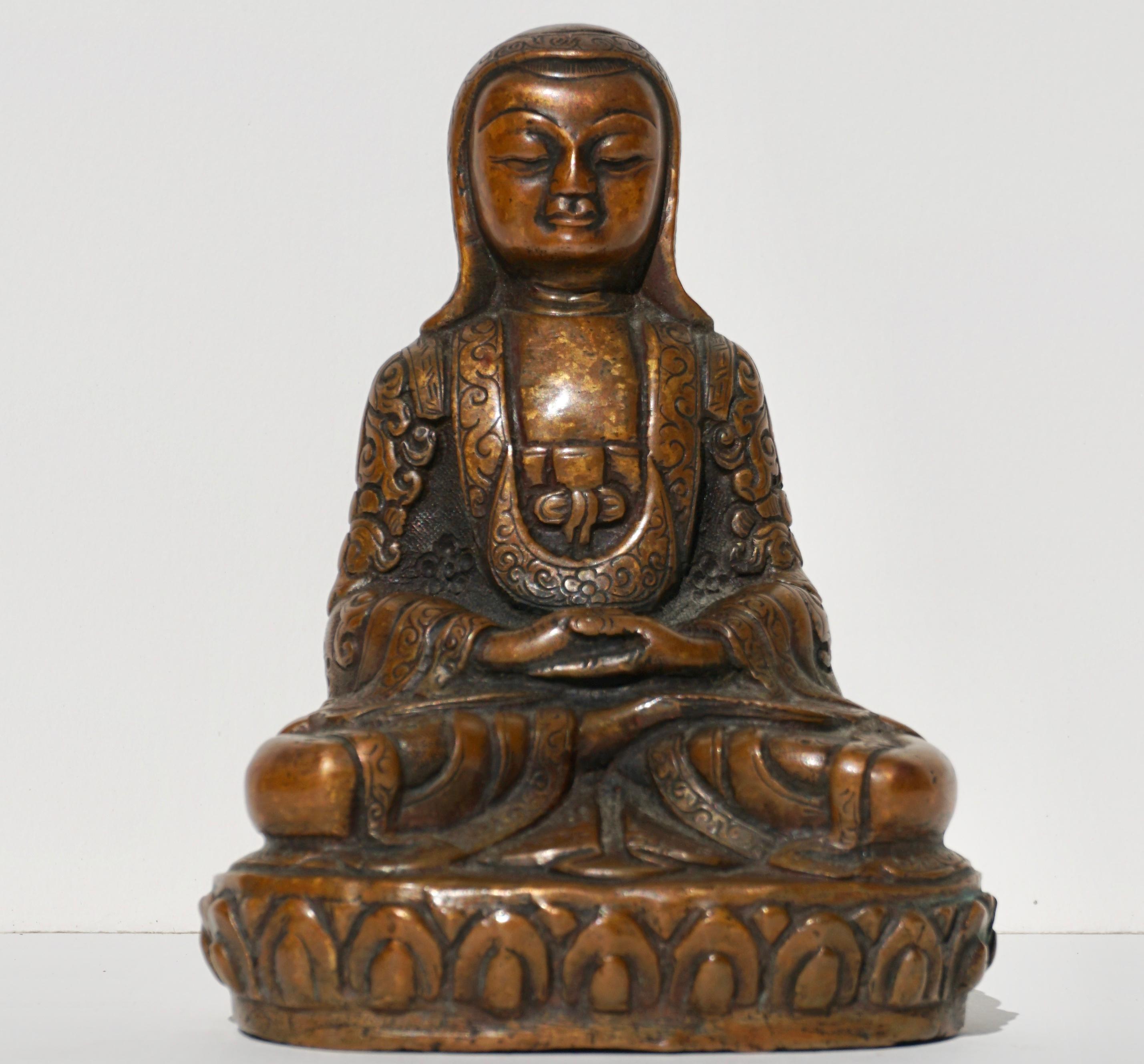 Metal 18th- 19th Century Tibetan Copper Alloy Bronze Lama Buddha with Silver Inlay