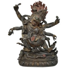 19th Century Tibetan Polychrome Lacquered Bronze Figure of 6-Armed Mahakala