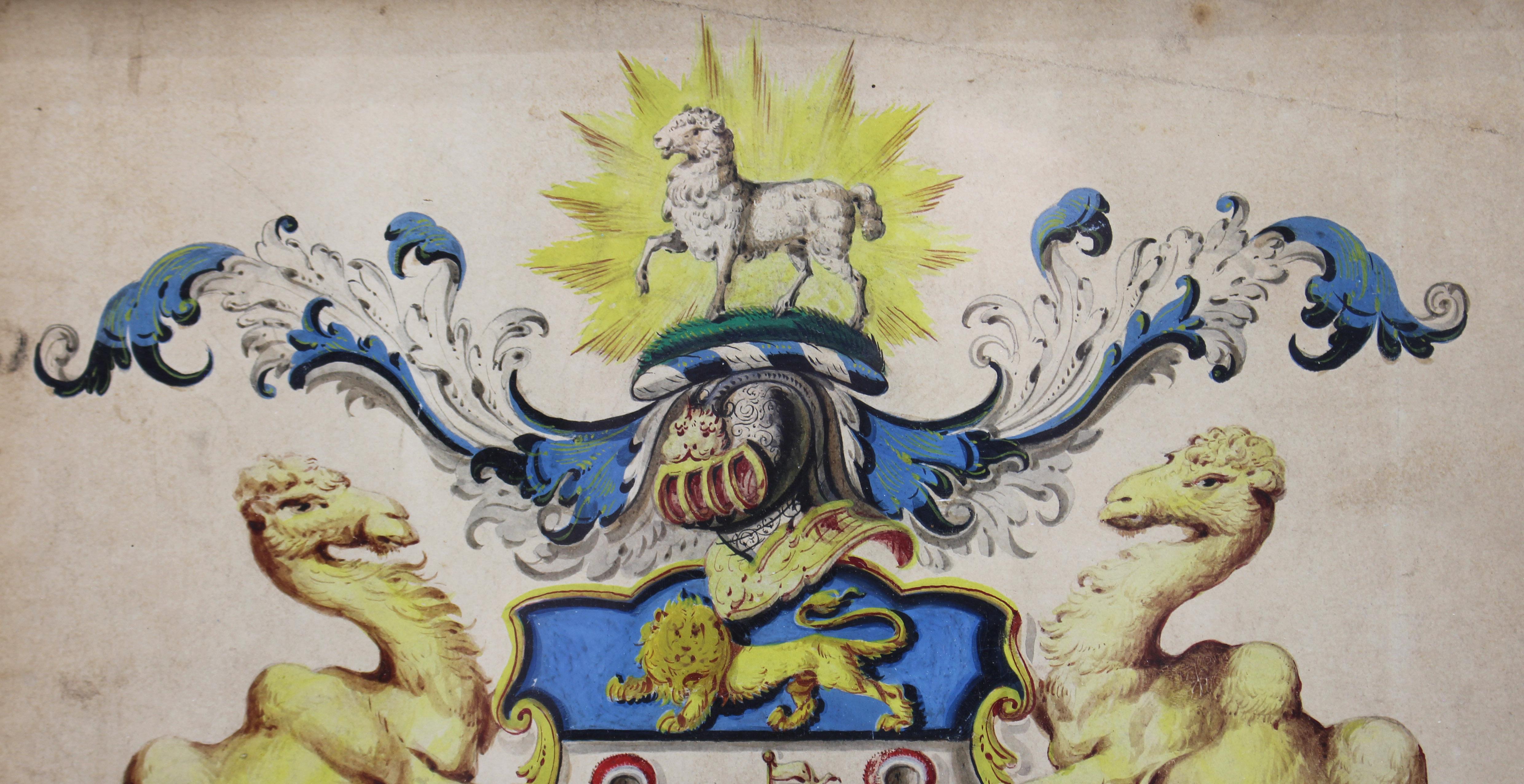 English 18th-19th Century Watercolor Coat of Arms of Company of Merchant Taylors For Sale