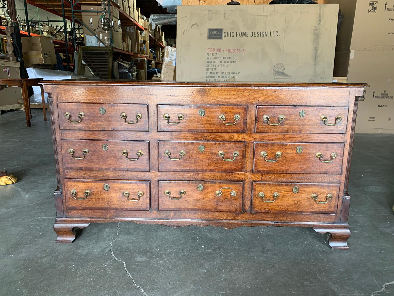 18th-19th century Welsh oak dresser base with unique drawers.