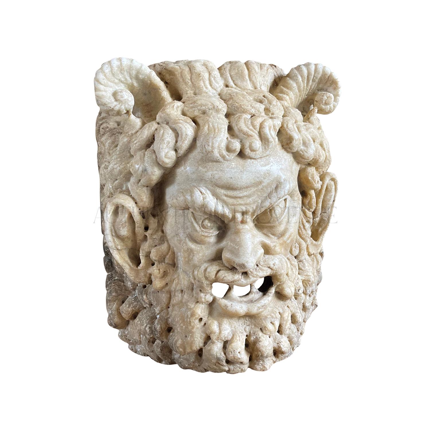 Hand-Carved 18th-19th Century White Italian Carrara Marble Satyr Mask, Antique Décor For Sale