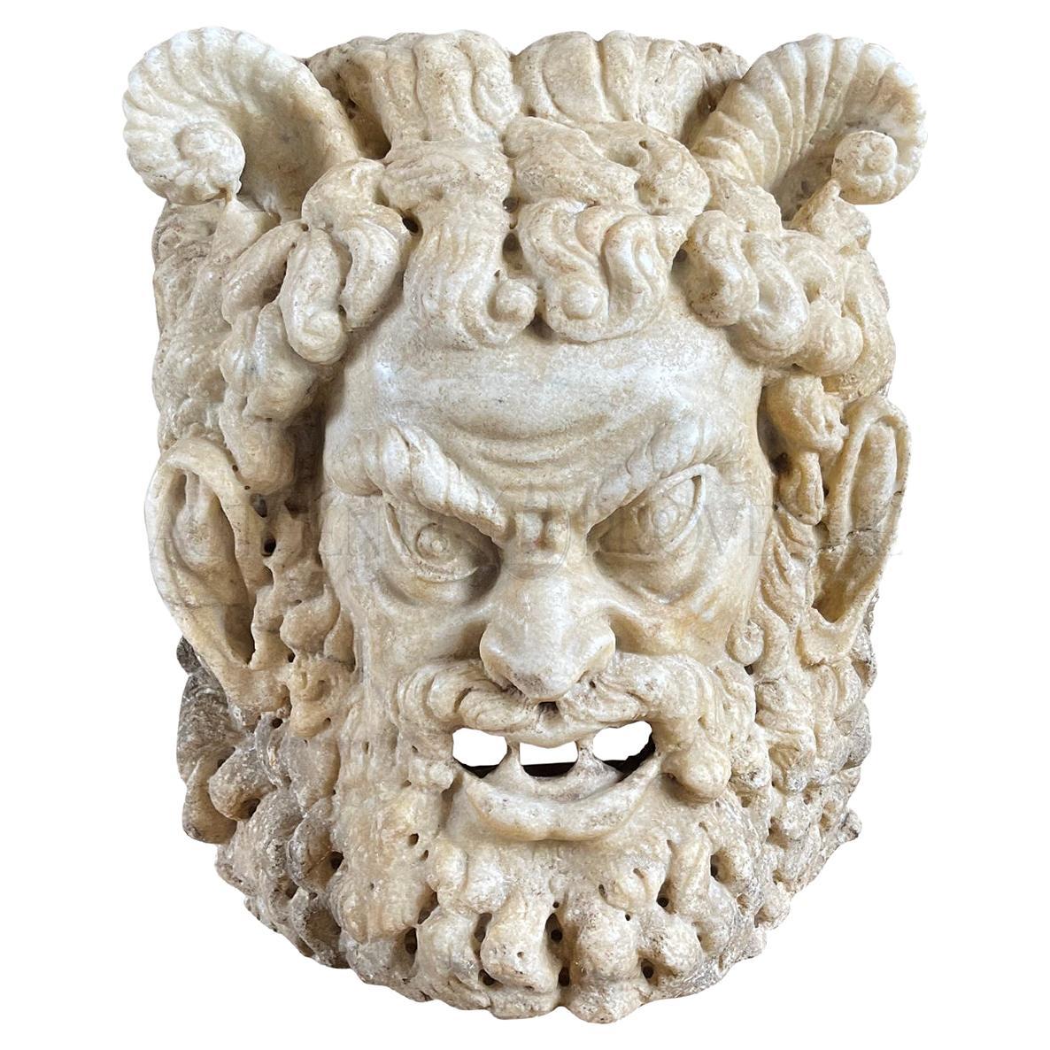 18th-19th Century White Italian Carrara Marble Satyr Mask, Antique Décor