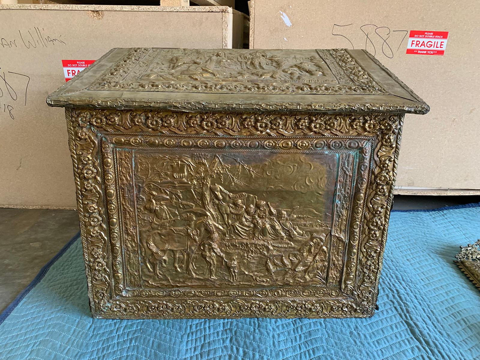 18th-19th century wooden box with brass repoussé.