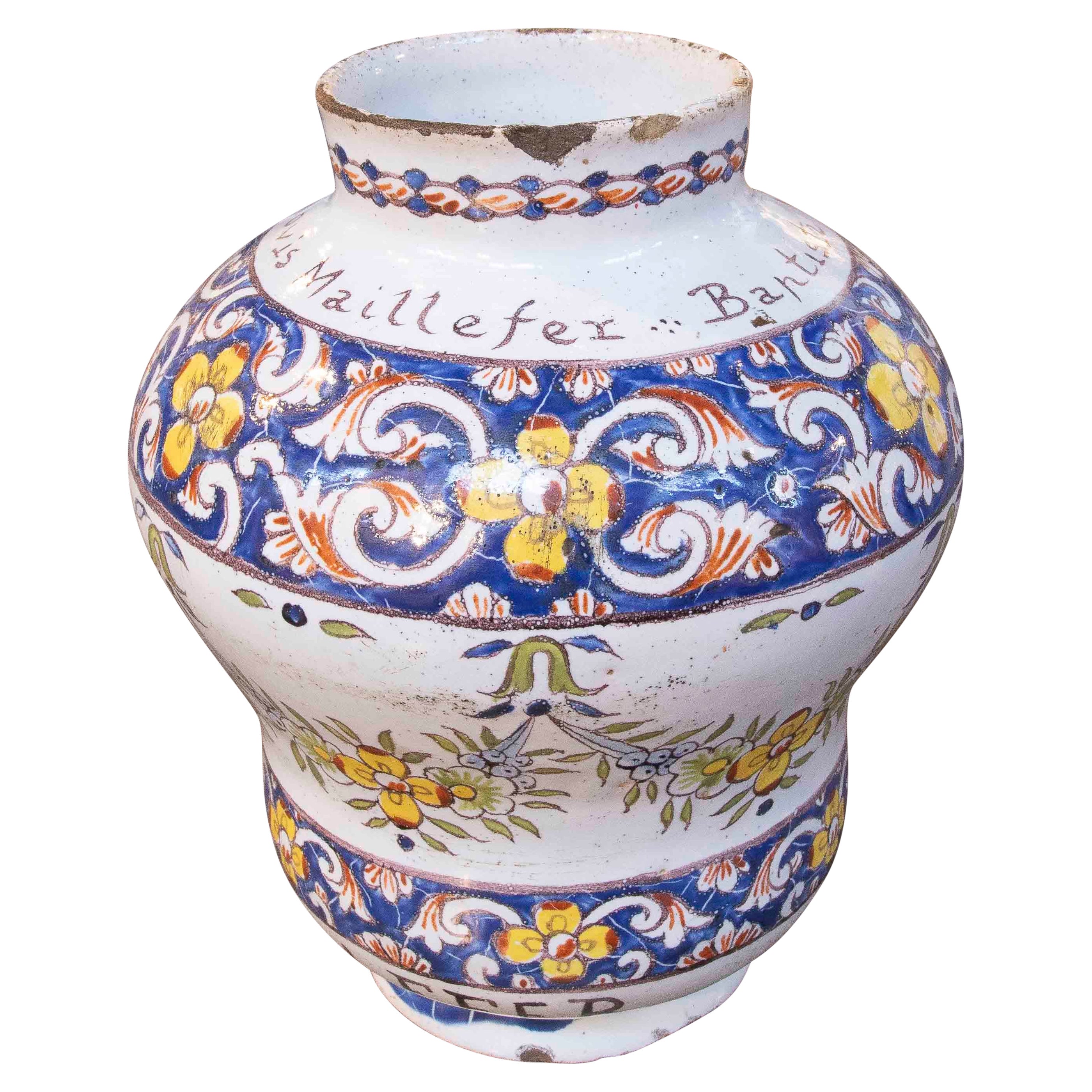 18º Albarelo Farmacéutico Francés de Faïence de Nevers, Fechado en 1764 en venta