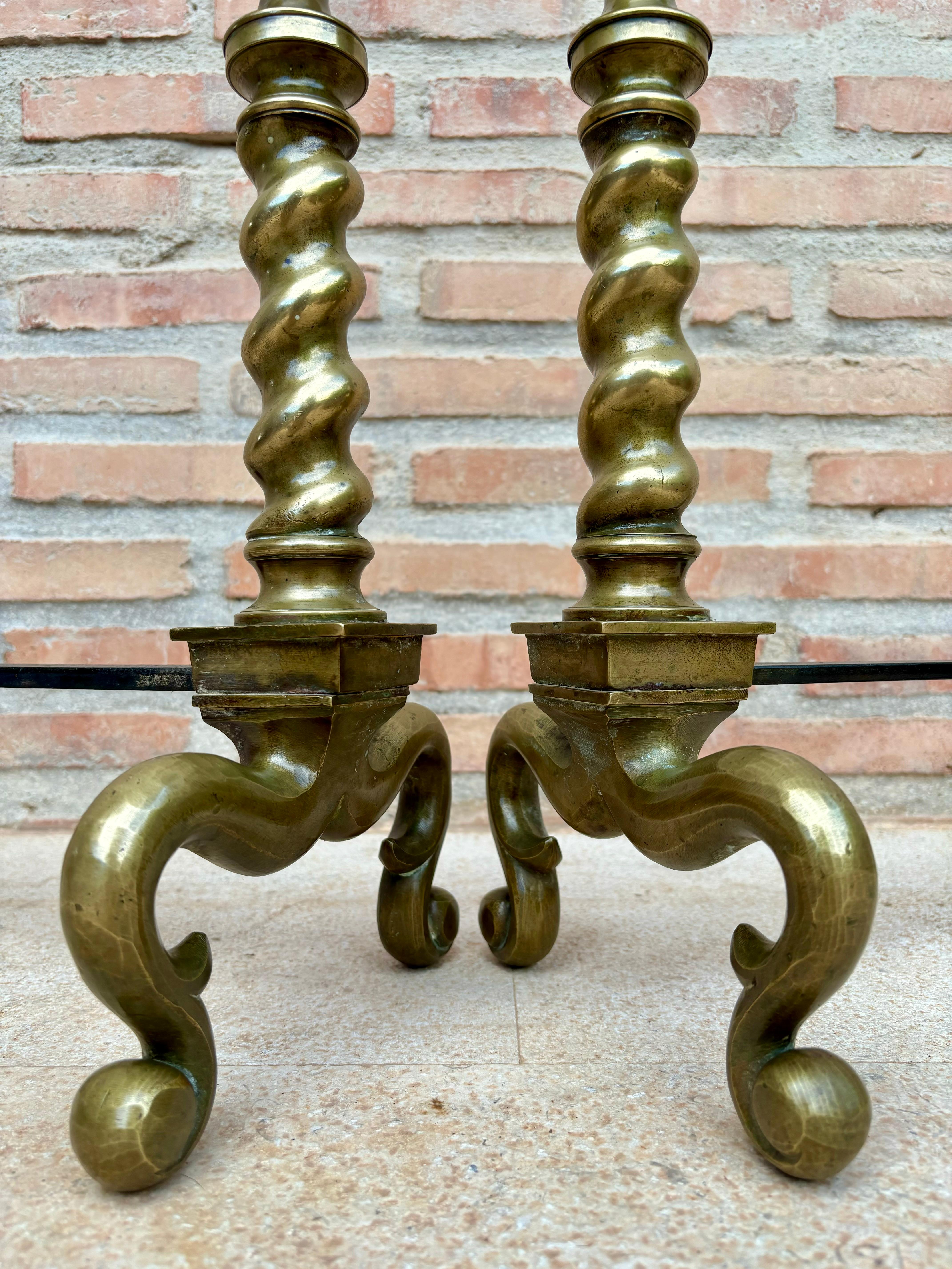 18th American Chippendale Style Brass Cannonball Andiron Firedog with Log Stops For Sale 4