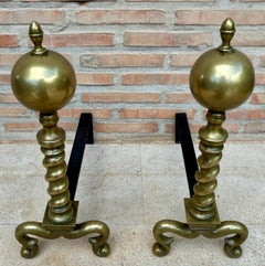 18th American Chippendale Style Brass Cannonball Andiron Firedog with Log Stops