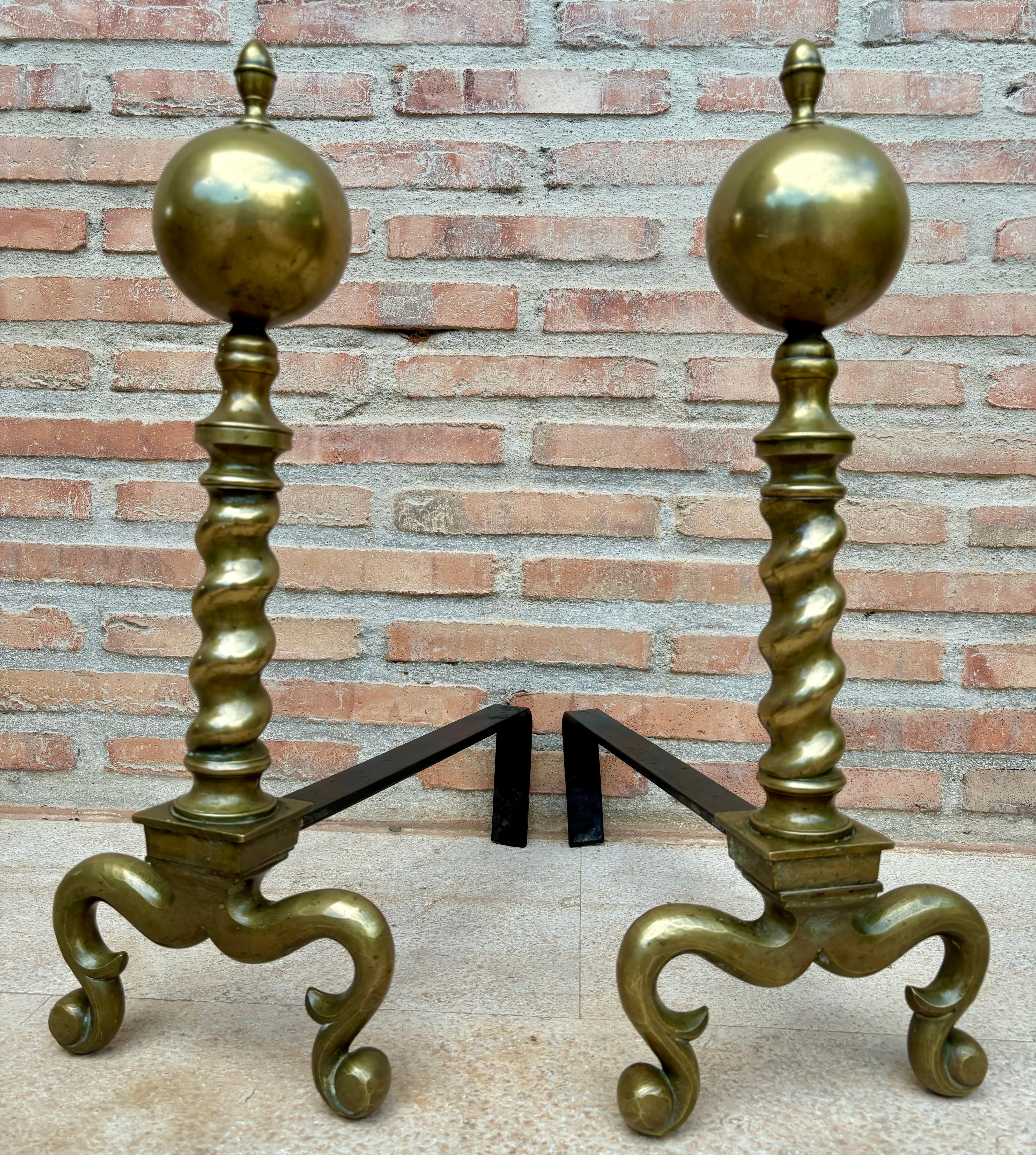 18th Century 18th American Chippendale Style Brass Cannonball Andiron Firedog with Log Stops For Sale
