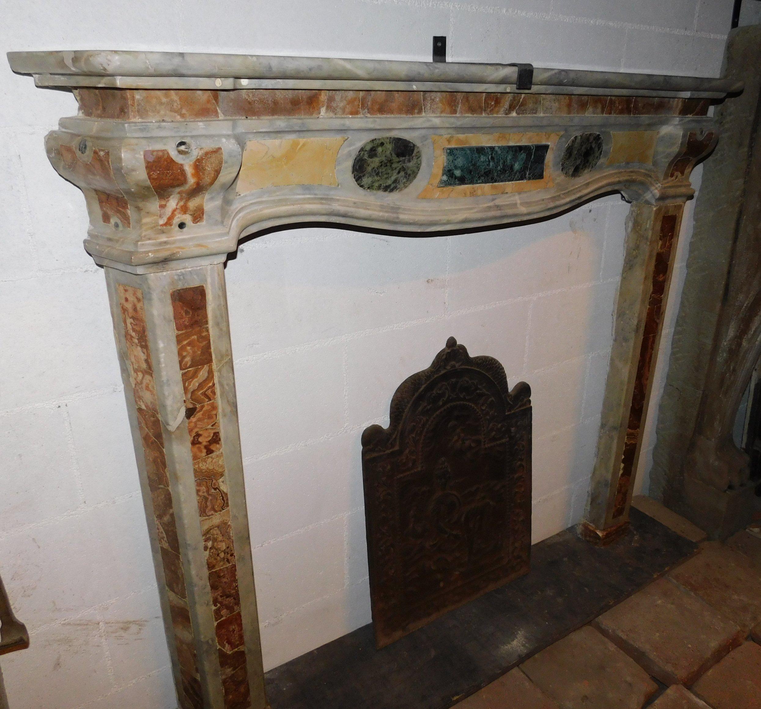 18th Century 18th Antique Italy Fireplace in Bardiglio Gray Marble, Yellow, Green, Red, Rich