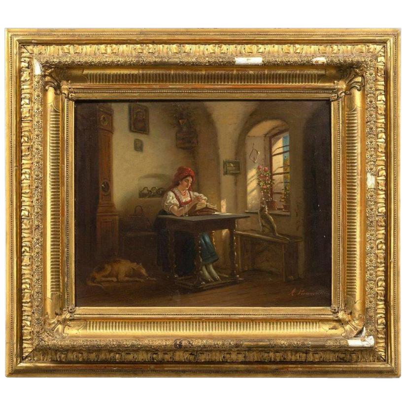 18th Antique Painting Depicting a Signed Interior Scene Brunevilliers