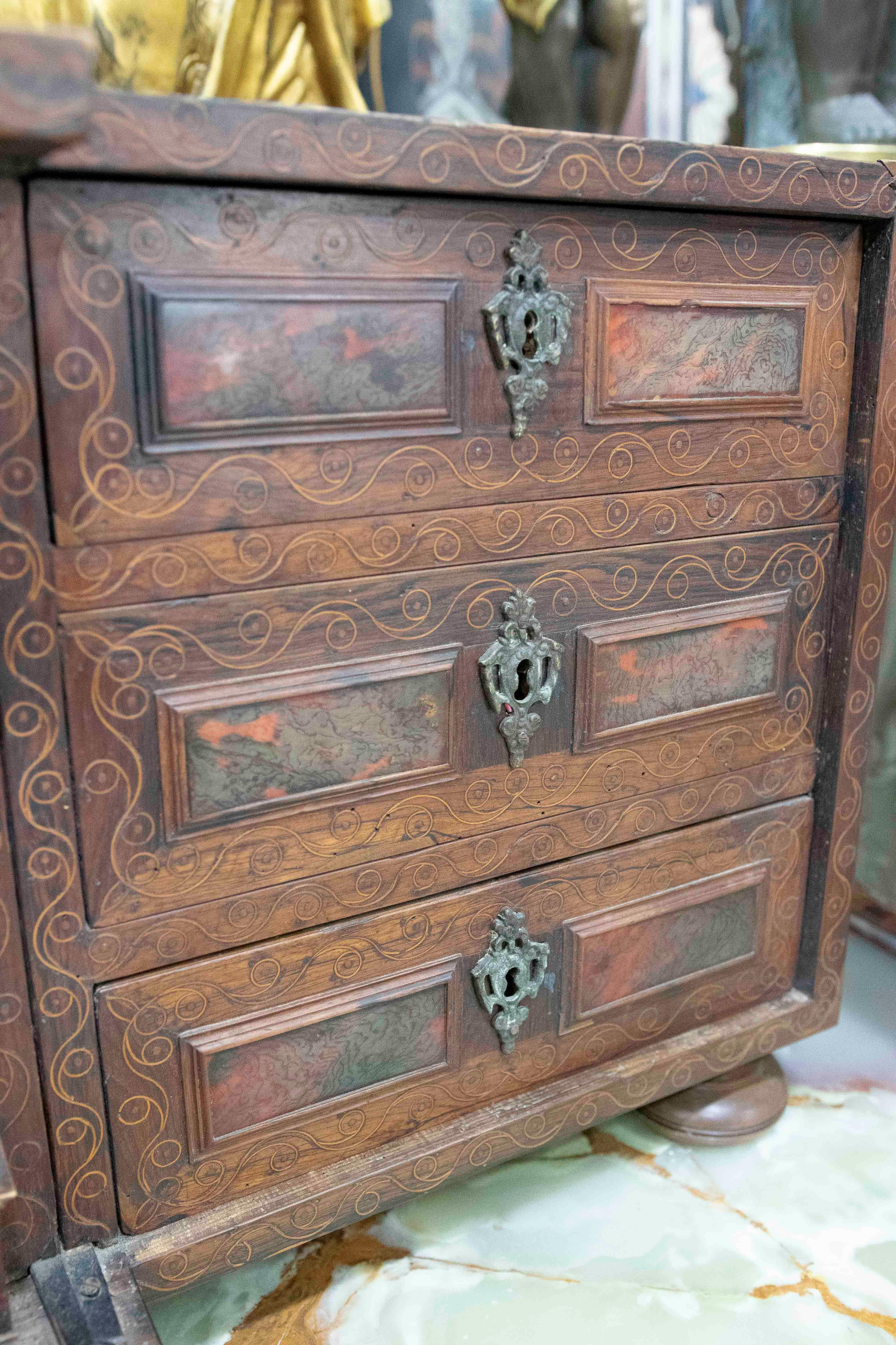 18th Antique Spanish Wooden Chest with Inlays and a Central Chapel For Sale 5