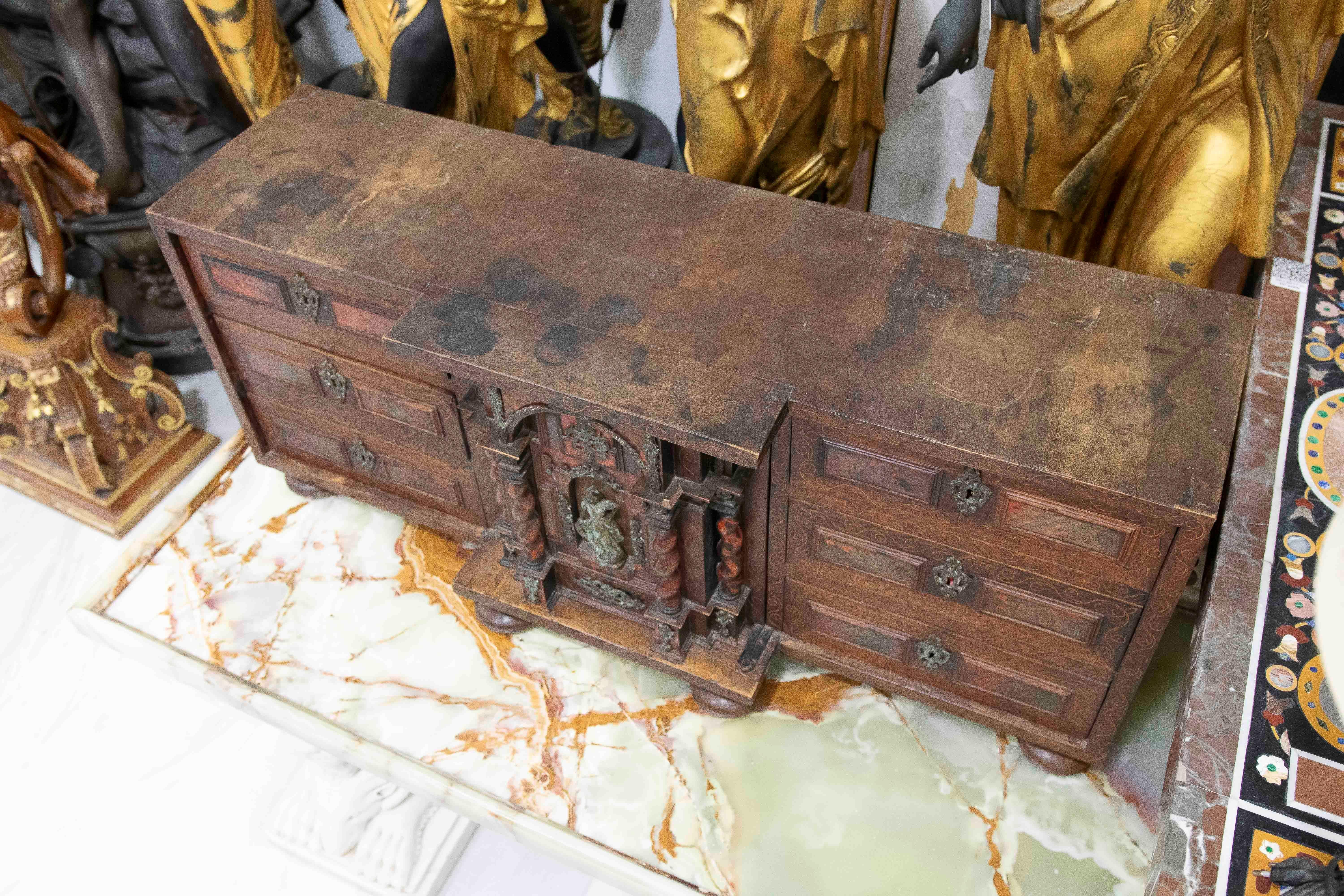 18th Antique Spanish Wooden Chest with Inlays and a Central Chapel For Sale 6