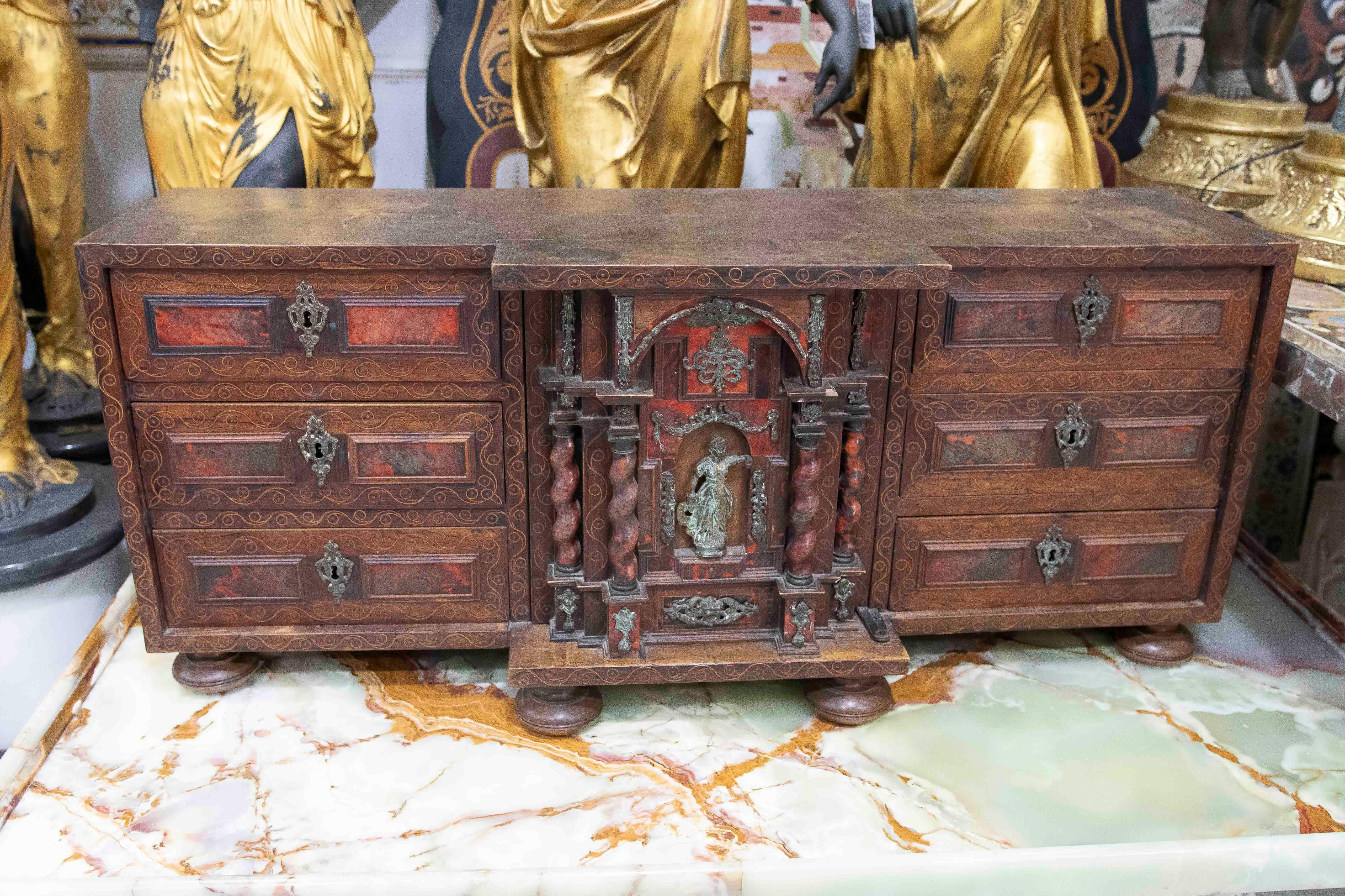 18th Antique Spanish Wooden Chest with Inlays and a Central Chapel For Sale 7