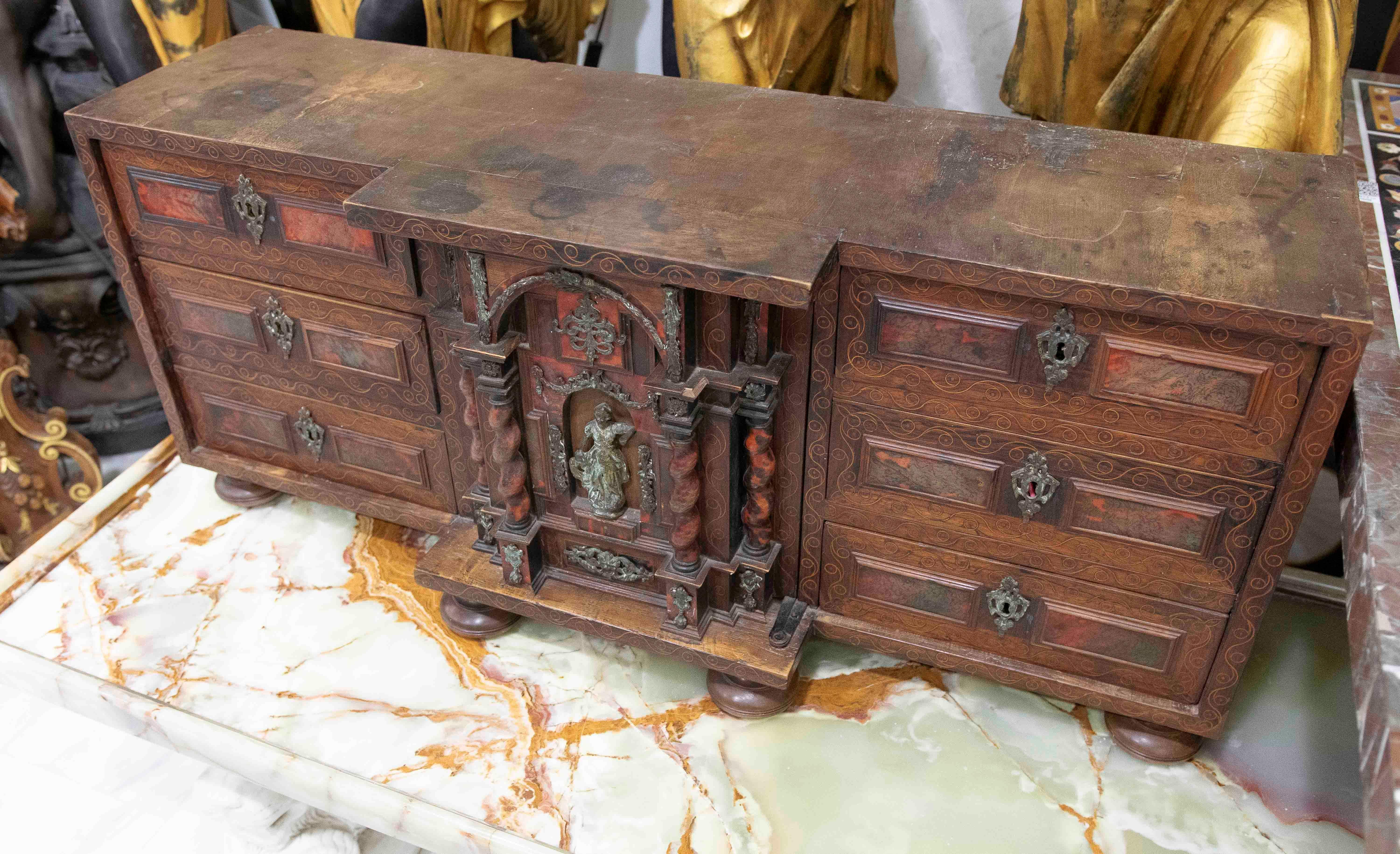 18th Antique Spanish Wooden Chest with Inlays and a Central Chapel For Sale 8