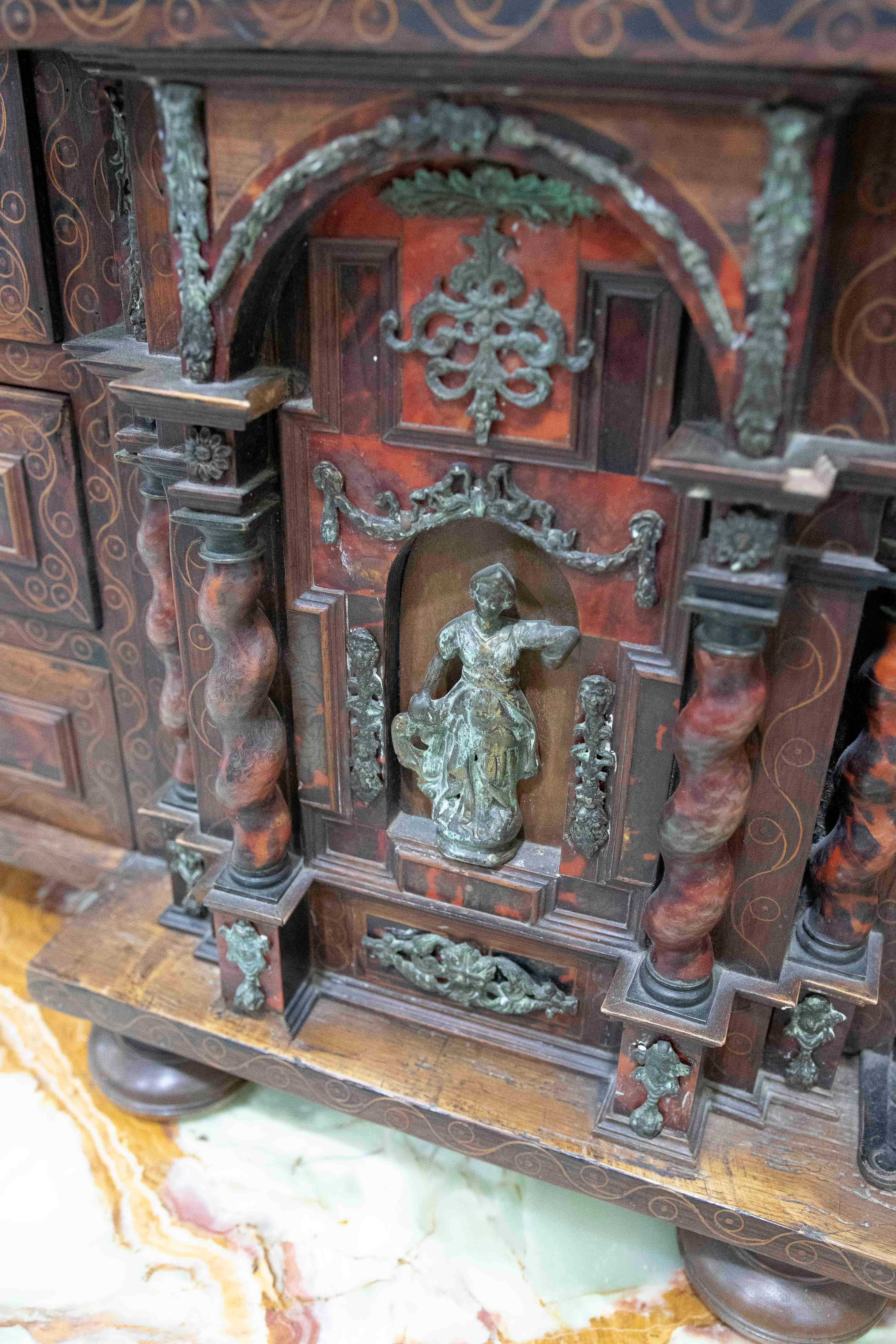18th Antique Spanish Wooden Chest with Inlays and a Central Chapel For Sale 9